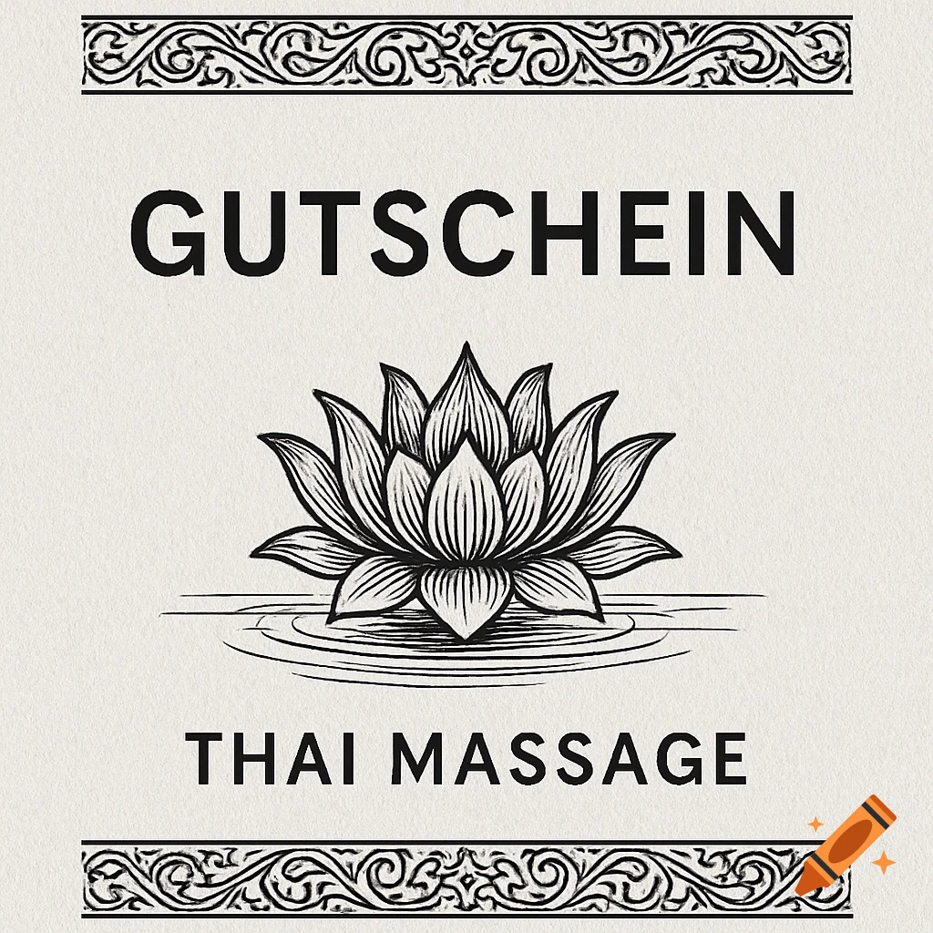 Black and white illustration of a lotus flower on water with text 'GUTSCHEIN THAI MASSAGE' and decorative borders.