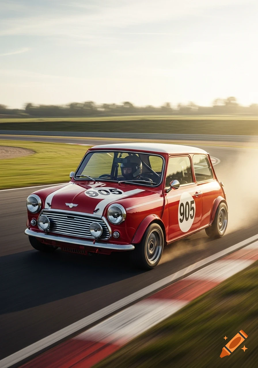 A red and white classic Mini Cooper racing car with the number 905, driven by a person in a helmet, speeding on a sunny race track.