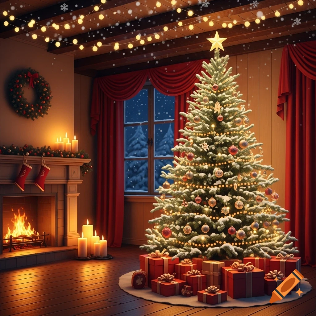 A cozy Christmas living room at night with a snow-dusted tree, presents, a fireplace, and string lights.