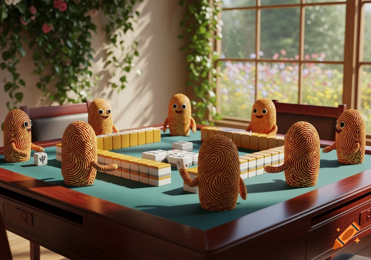 Charming fingerprint characters are gathered around a table, intensely playing a game of Mahjong in a sunlit room filled with green plants.