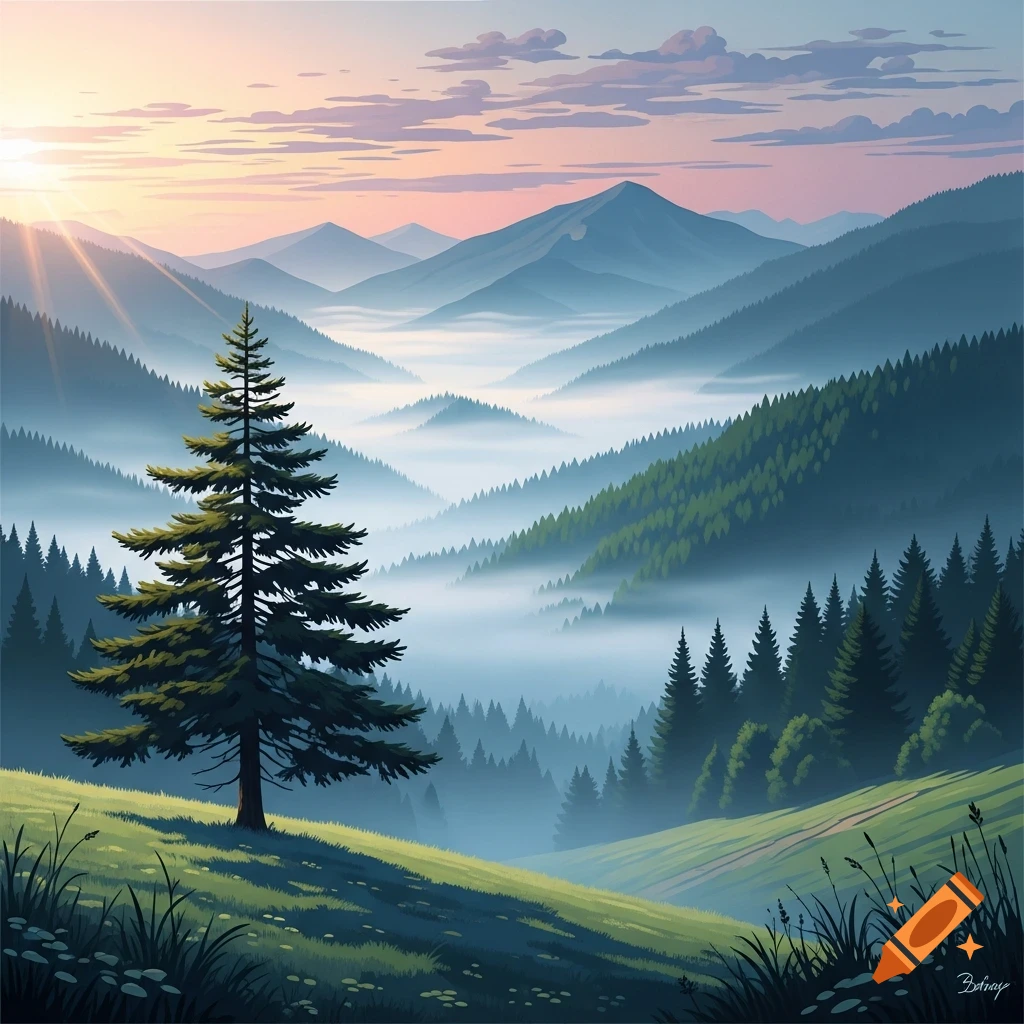 Majestic mountain landscape at sunrise with a tall evergreen tree ...