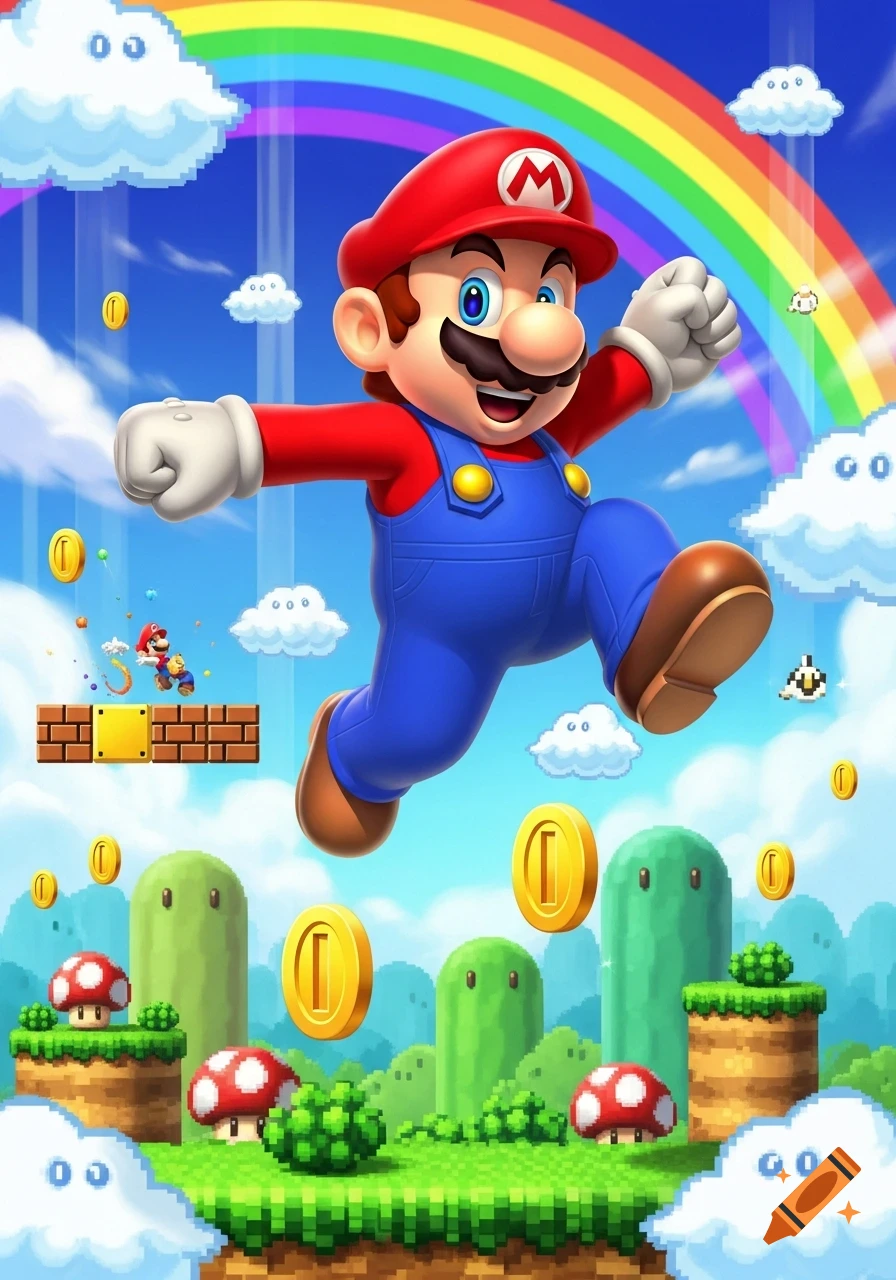 Stylized illustration of Mario jumping joyfully in a vibrant Super Mario Bros. landscape with coins, green pipes, mushrooms, and a rainbow.