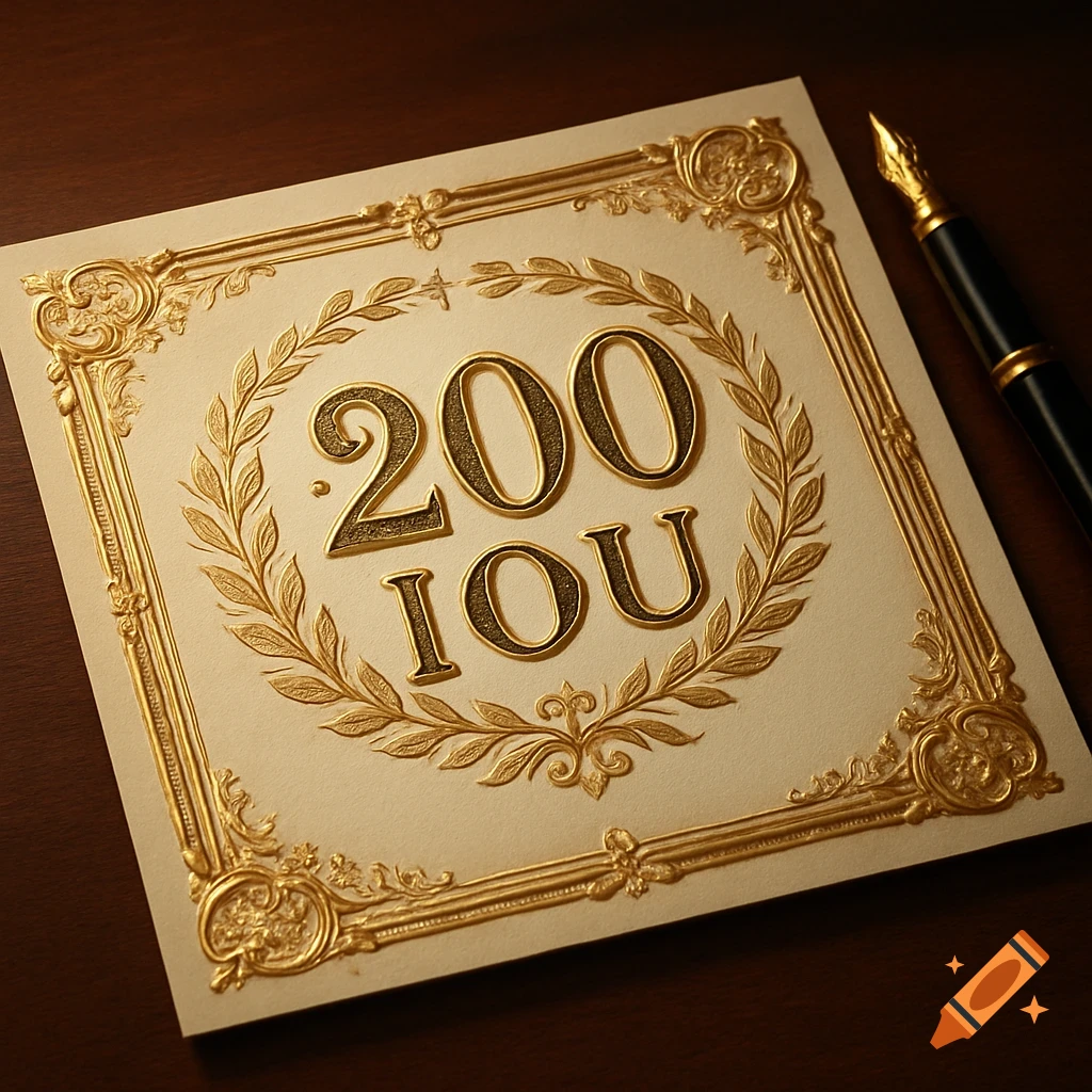 A decorative cream-colored IOU voucher with gold embossed '200 IOU' text, next to a golden fountain pen on a dark wooden table.
