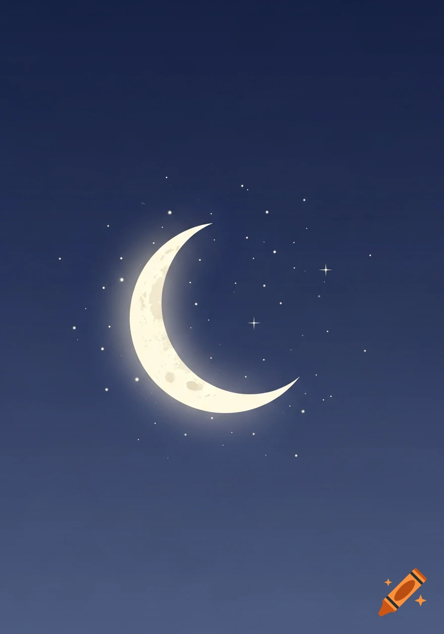 A stylized crescent moon glowing softly amidst tiny stars in a dark blue night sky, in vector art style.
