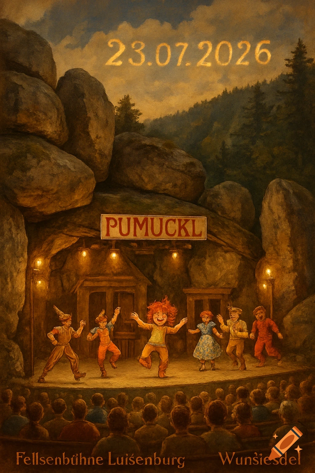 A painted scene of a play featuring characters from 'Pumuckl' on a stage set in an outdoor rock amphitheater, with an audience watching. Text reads 'PUMUCKL', '23.07.2026', 'Felsenbühne Luisenburg', and 'Wunsiedel'.