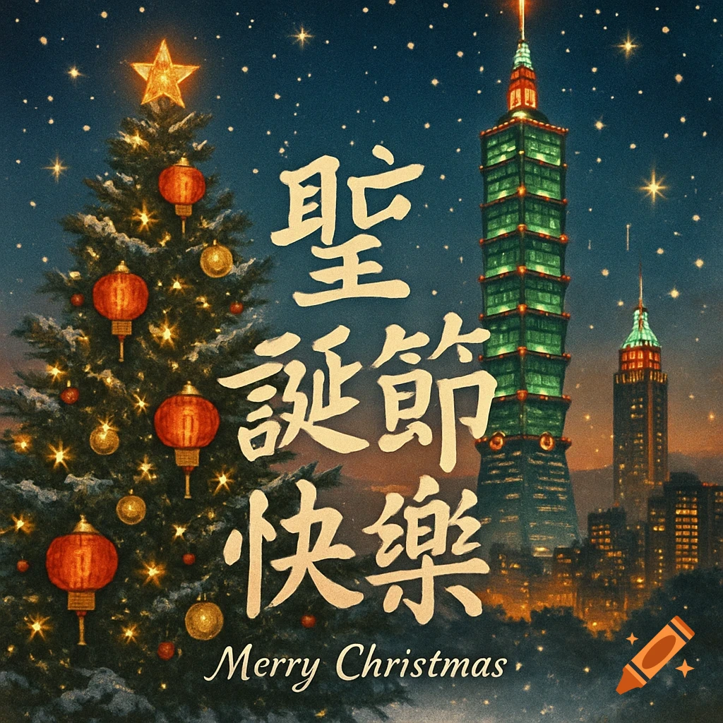 A stylized Christmas scene with a decorated Christmas tree with lanterns, the Taipei 101 building at night, and "Merry Christmas" in Chinese and English text.