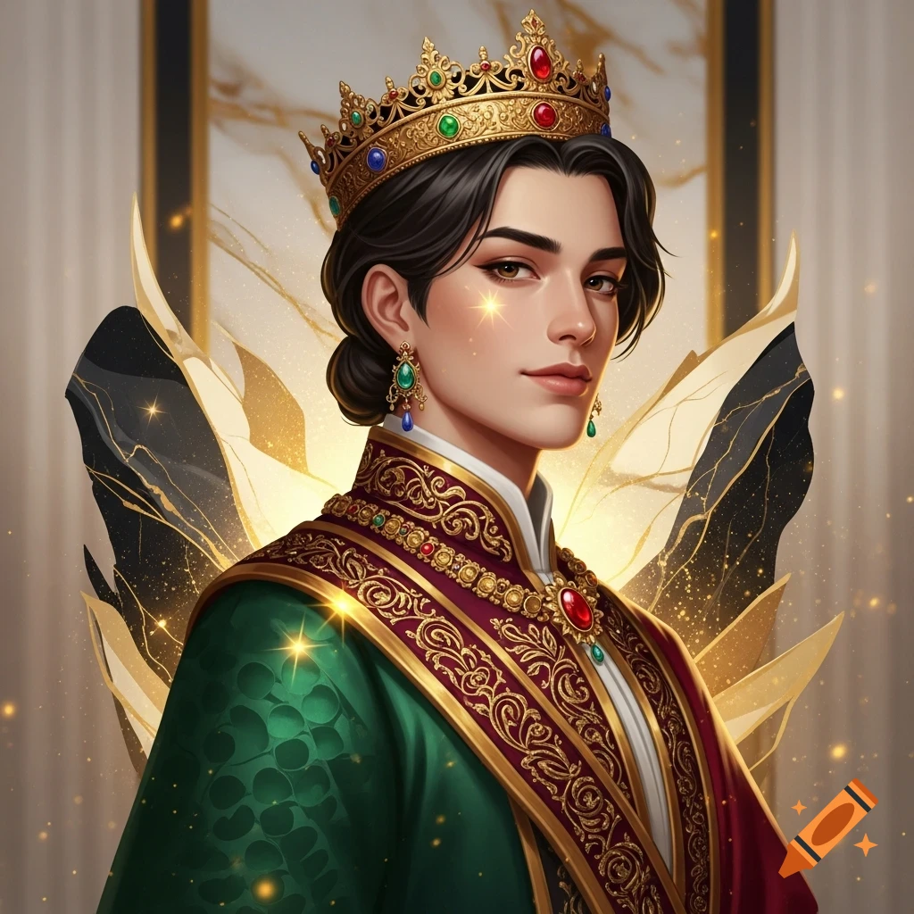 Digital art portrait of a regal figure with dark hair, wearing a jeweled gold crown, a green and burgundy embroidered robe.