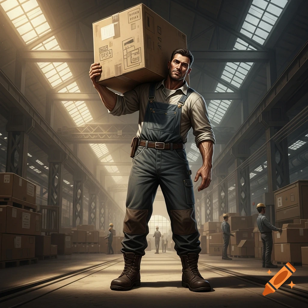 A strong man in overalls carries a large cardboard box on his shoulder in a sunlit warehouse. Photorealistic style.