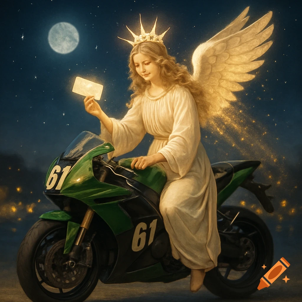 An angelic figure with a crown and wings sits on a green and black motorcycle with the number 61, holding a glowing card under a full moon.