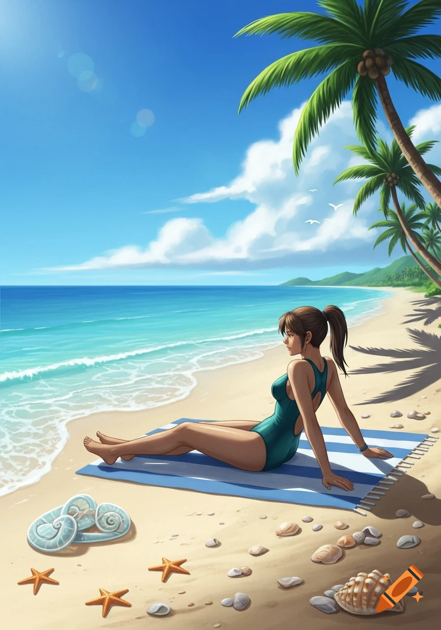 Anime woman in a teal swimsuit relaxing on a blue-striped towel on a tropical beach with palm trees, ocean, and seashells.