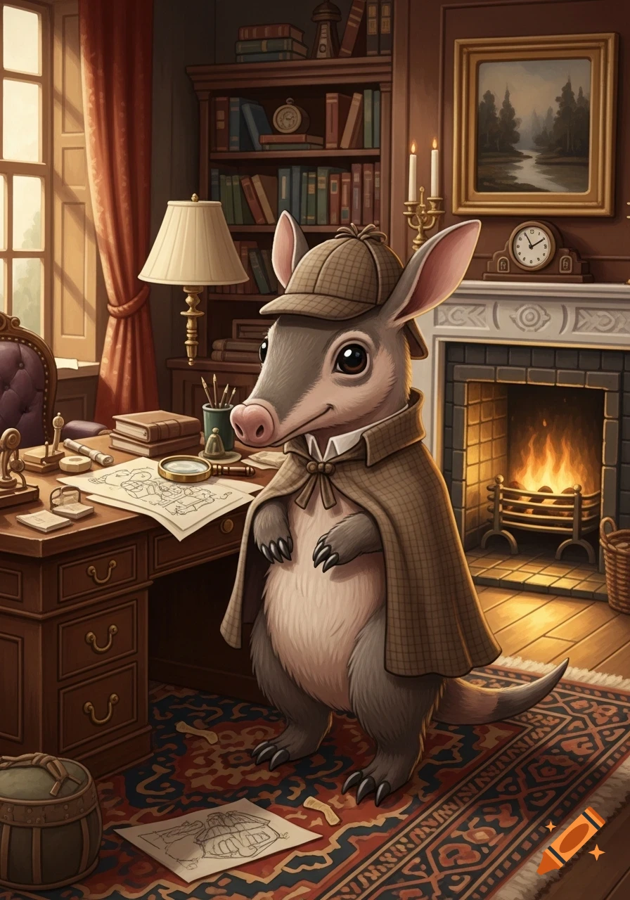 A cute anime aardvark dressed as Sherlock Holmes, wearing a deerstalker hat and cape, stands in a cozy study with a desk and fireplace.