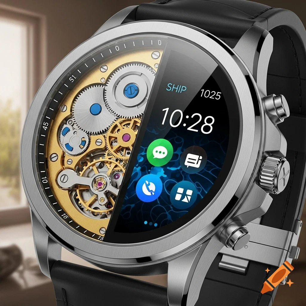 Close-up of a hybrid watch, half mechanical with visible gears and half smartwatch with a digital display showing 10:28 and app icons.