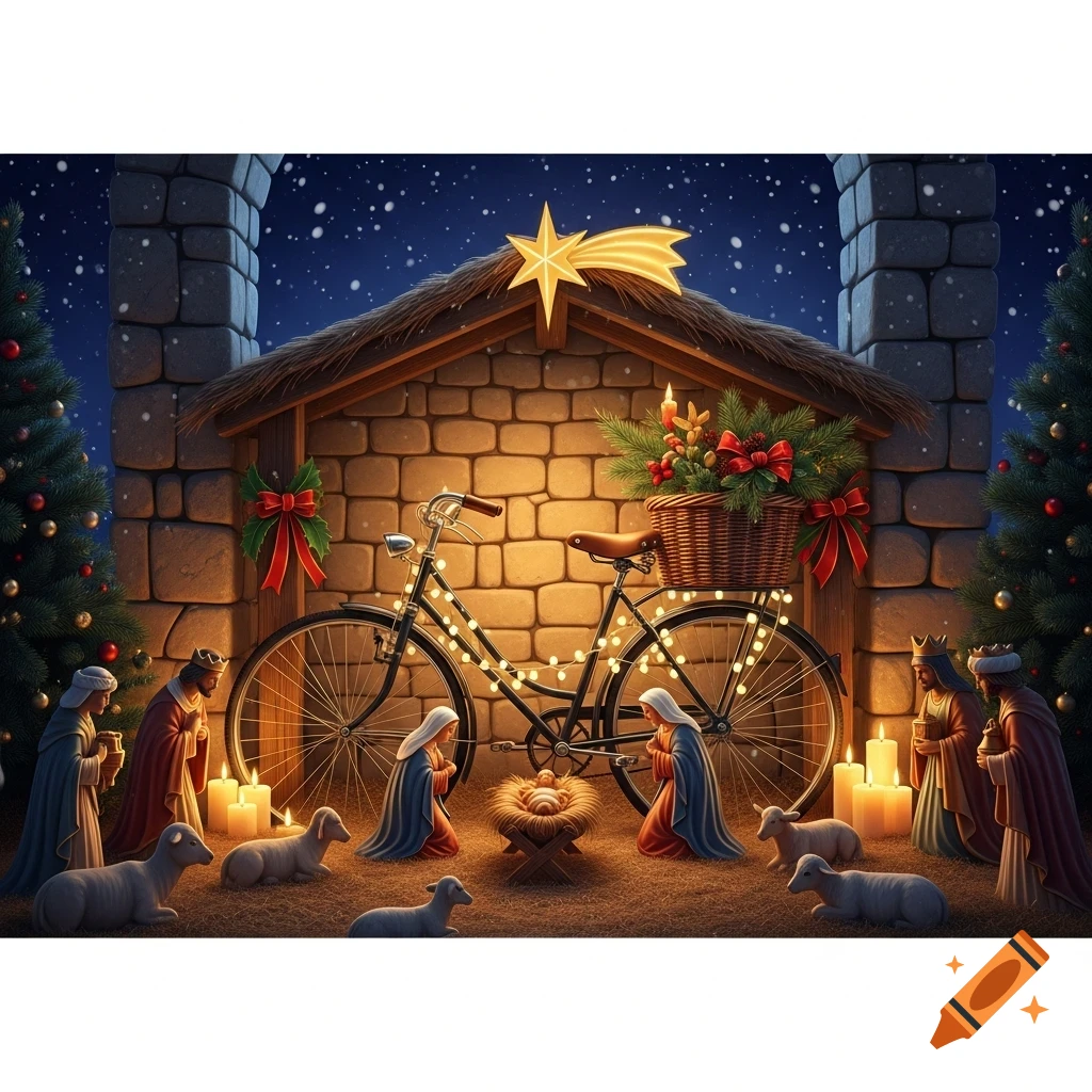 A Christmas Nativity scene with baby Jesus, Mary, Joseph, Wise Men, and sheep, featuring a bicycle adorned with lights.