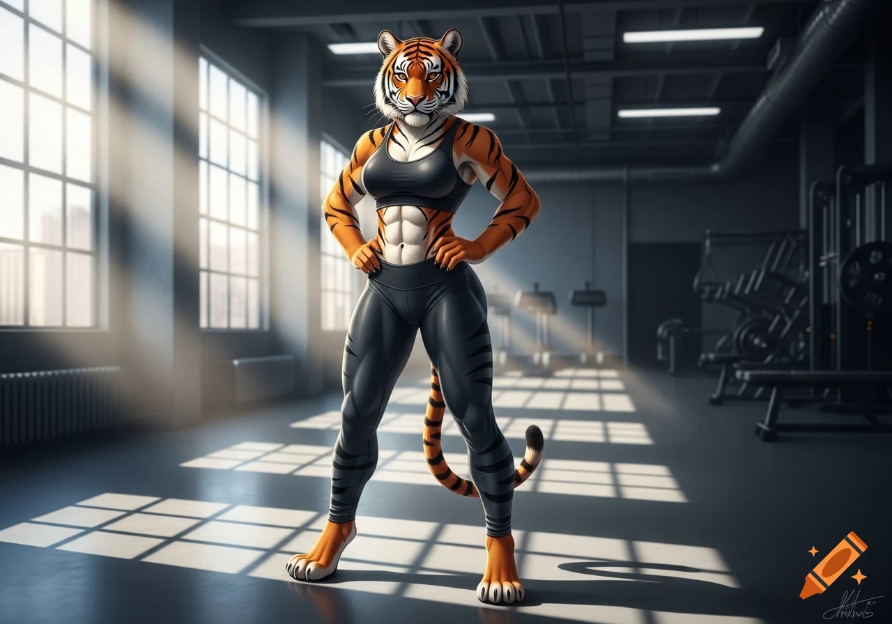 Confident anthropomorphic tiger woman in a black sports bra and leggings poses in a brightly lit gym.