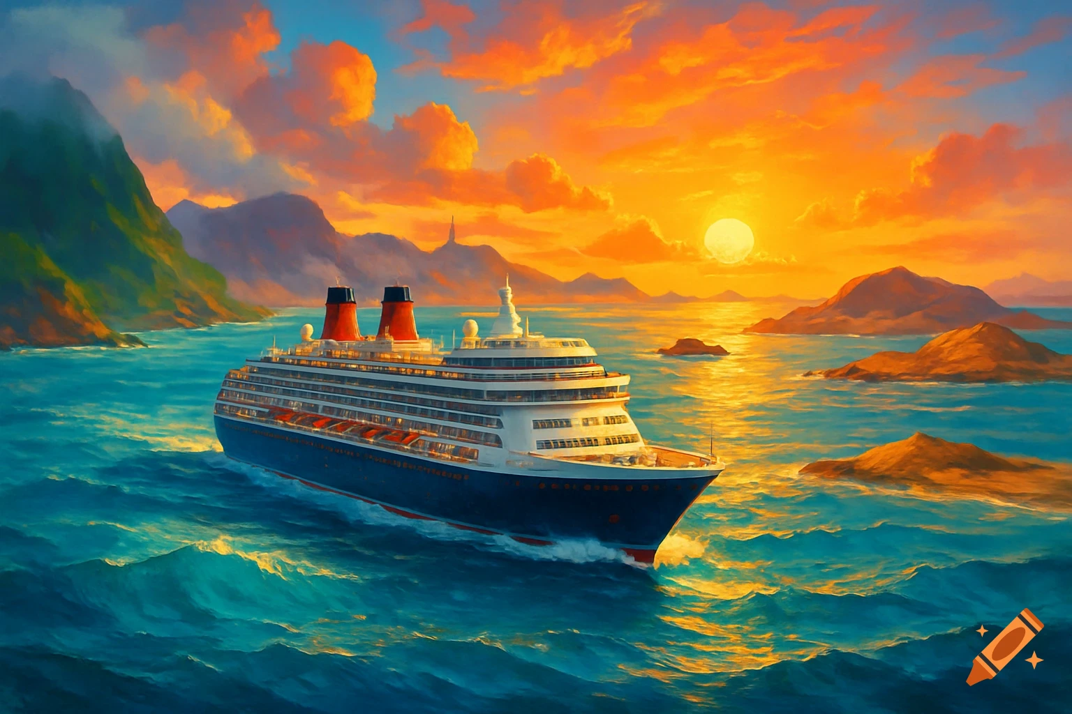A cruise ship sails on a vibrant turquoise sea under an orange sunset sky with distant mountains and islands in a painterly style.