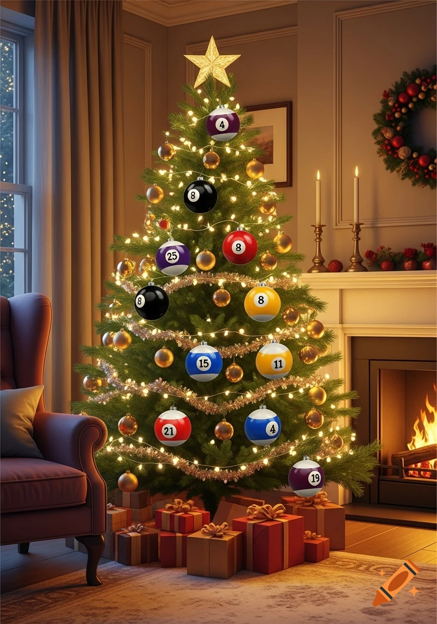 A festive Christmas tree decorated with twinkling lights, gold ornaments, and colorful pool ball ornaments, stands in a cozy living room next to a fireplace with a lit fire and wrapped presents underneath.