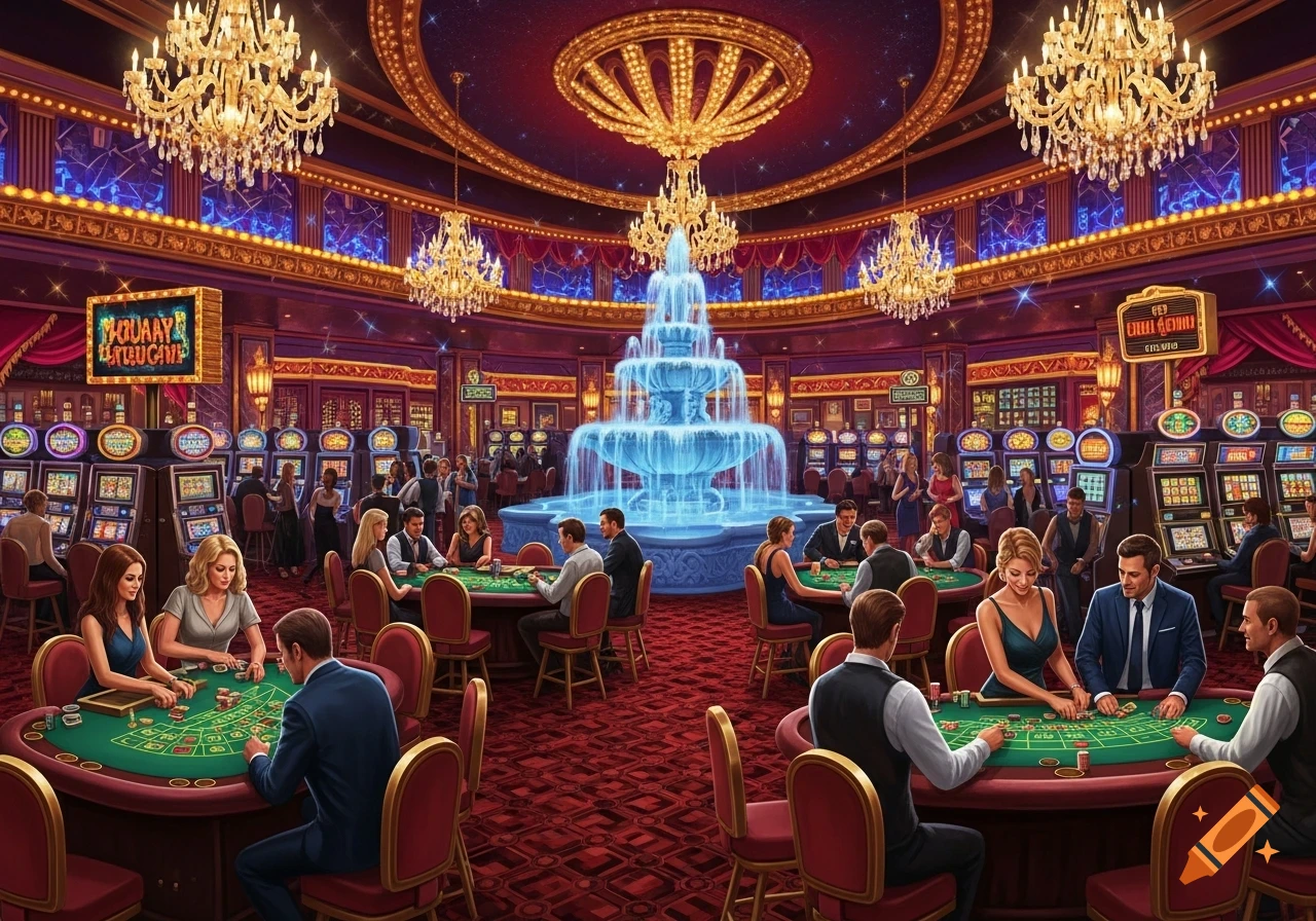A bustling, opulent casino interior with multiple card tables, slot machines, and a large central fountain. People are seen gambling and socializing.