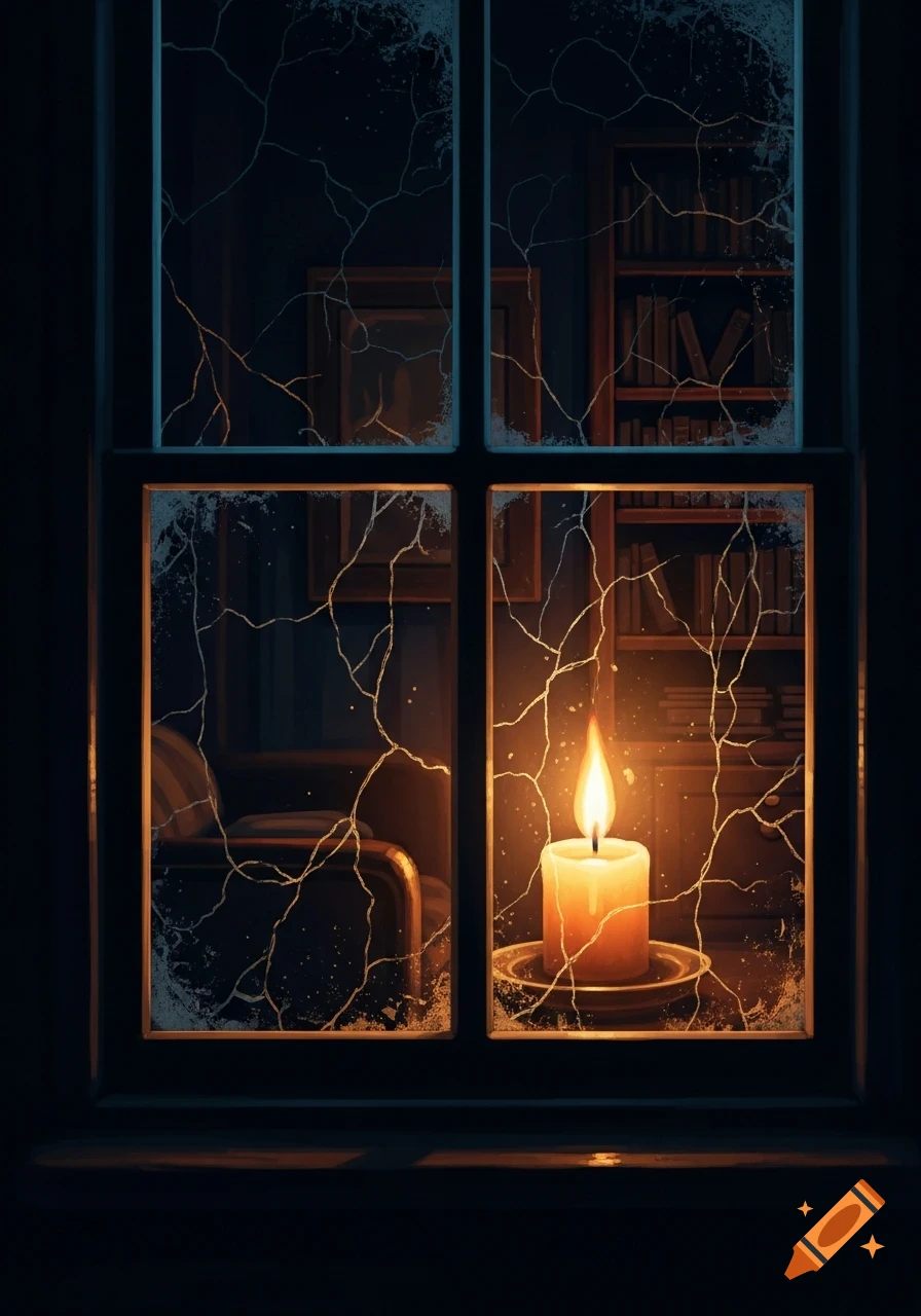 A glowing candle behind a frosted window, revealing a dark room with bookshelves and a chair in the background.