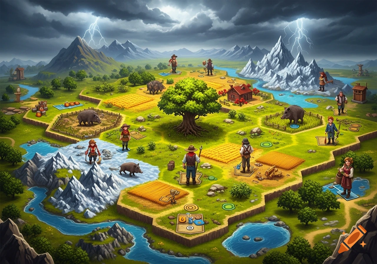 Stylized board game map with hexagonal tiles featuring farmers, boars, fields, rivers, mountains, and lightning in the stormy sky.