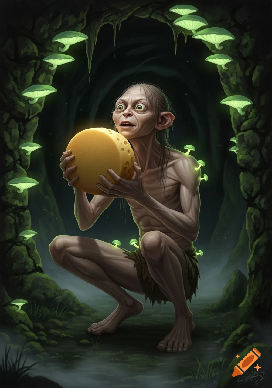 Gollum squats in a dark cave illuminated by glowing mushrooms, intently holding a large wheel of Swiss cheese.