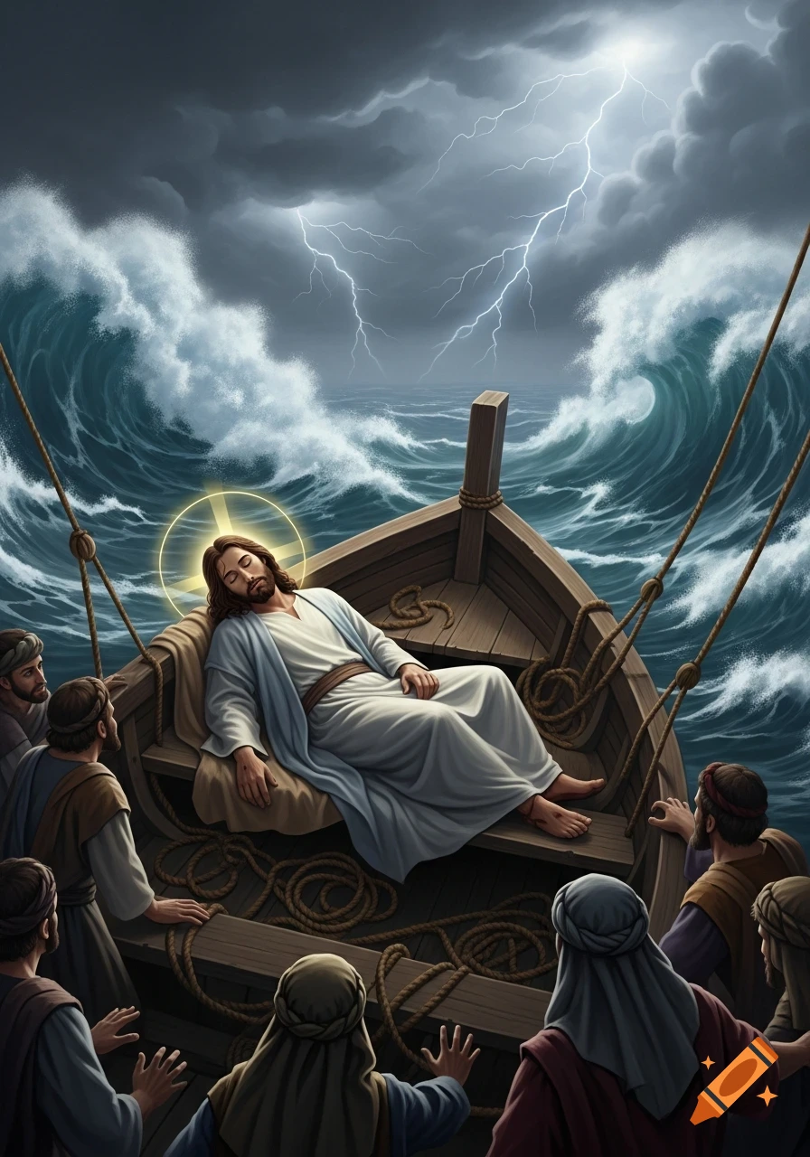 Jesus sleeps peacefully in a boat amidst a raging storm with lightning, surrounded by worried disciples, in a digital painting.