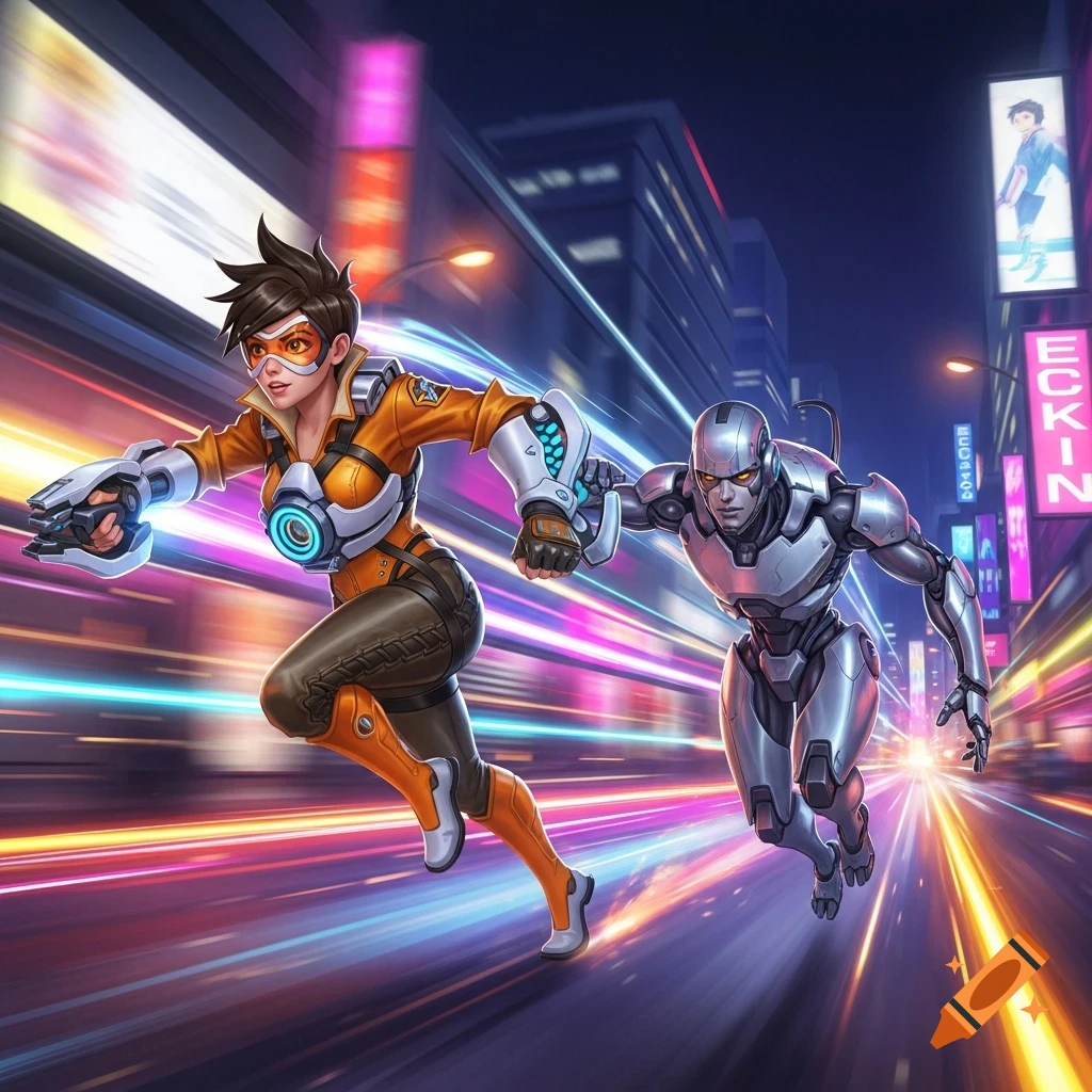 Tracer races a metallic robot through a vibrant, futuristic city street at night, illuminated by neon lights.