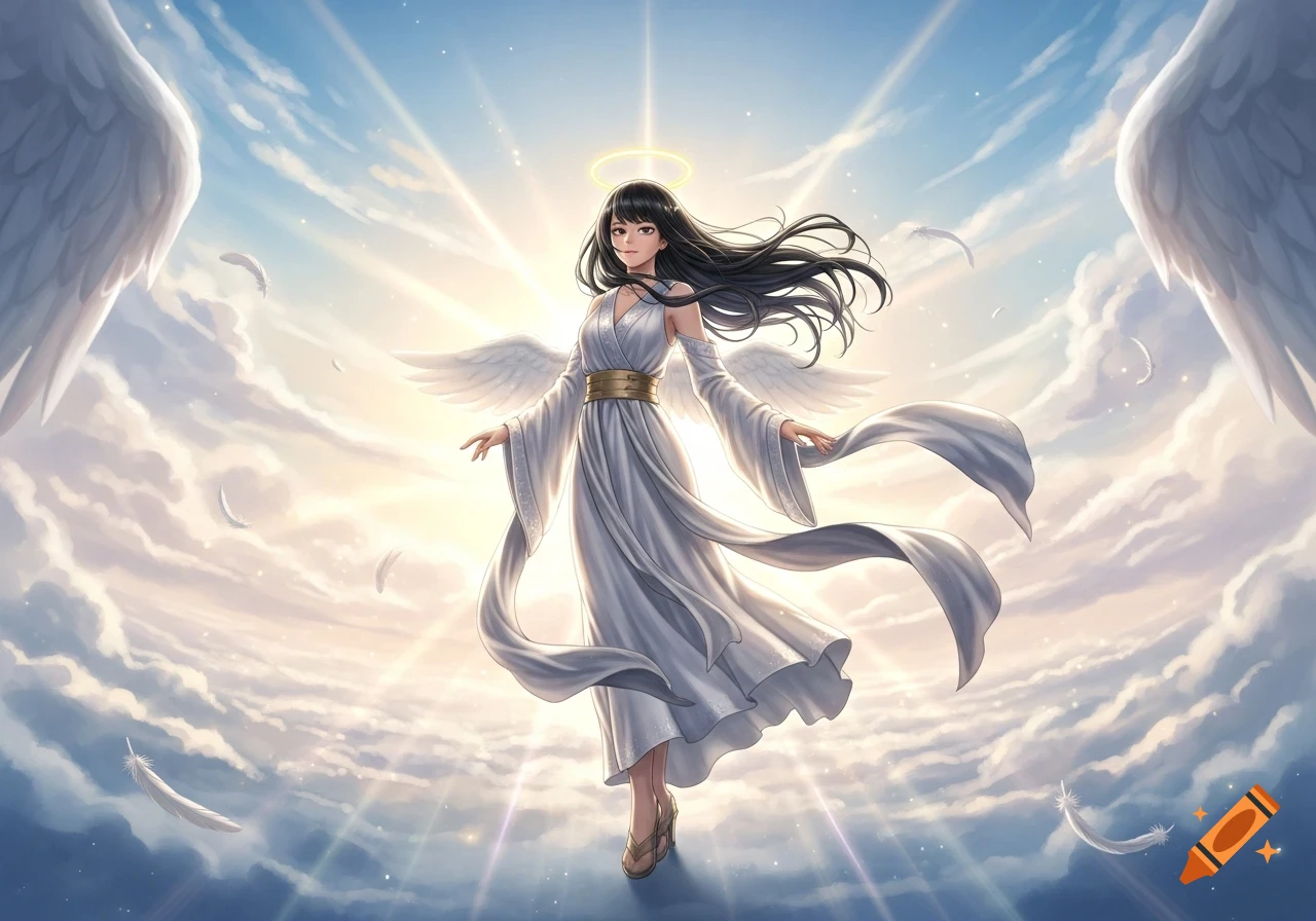 An anime-style angel woman with dark hair, halo, and white wings, standing in a bright, cloudy sky with light rays.