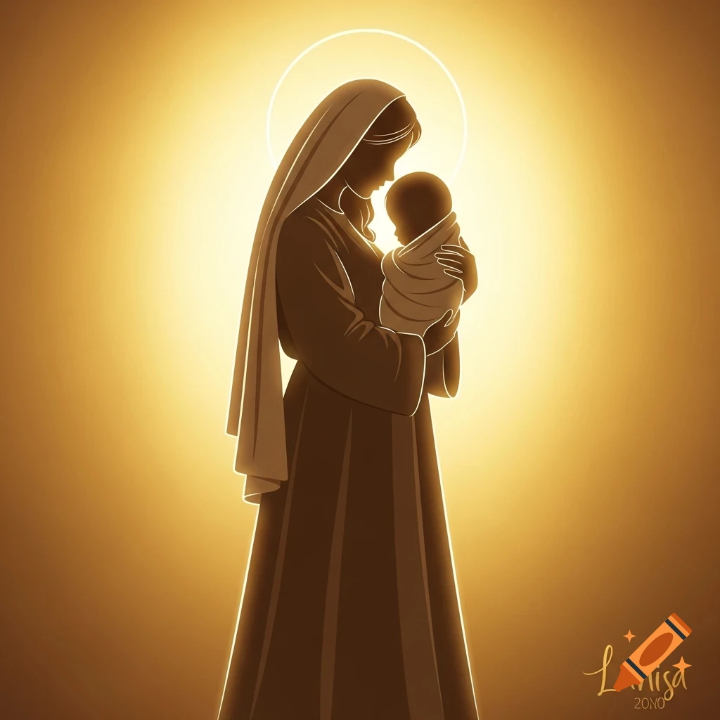 A silhouette illustration of a mother holding an infant, bathed in a warm golden glow.