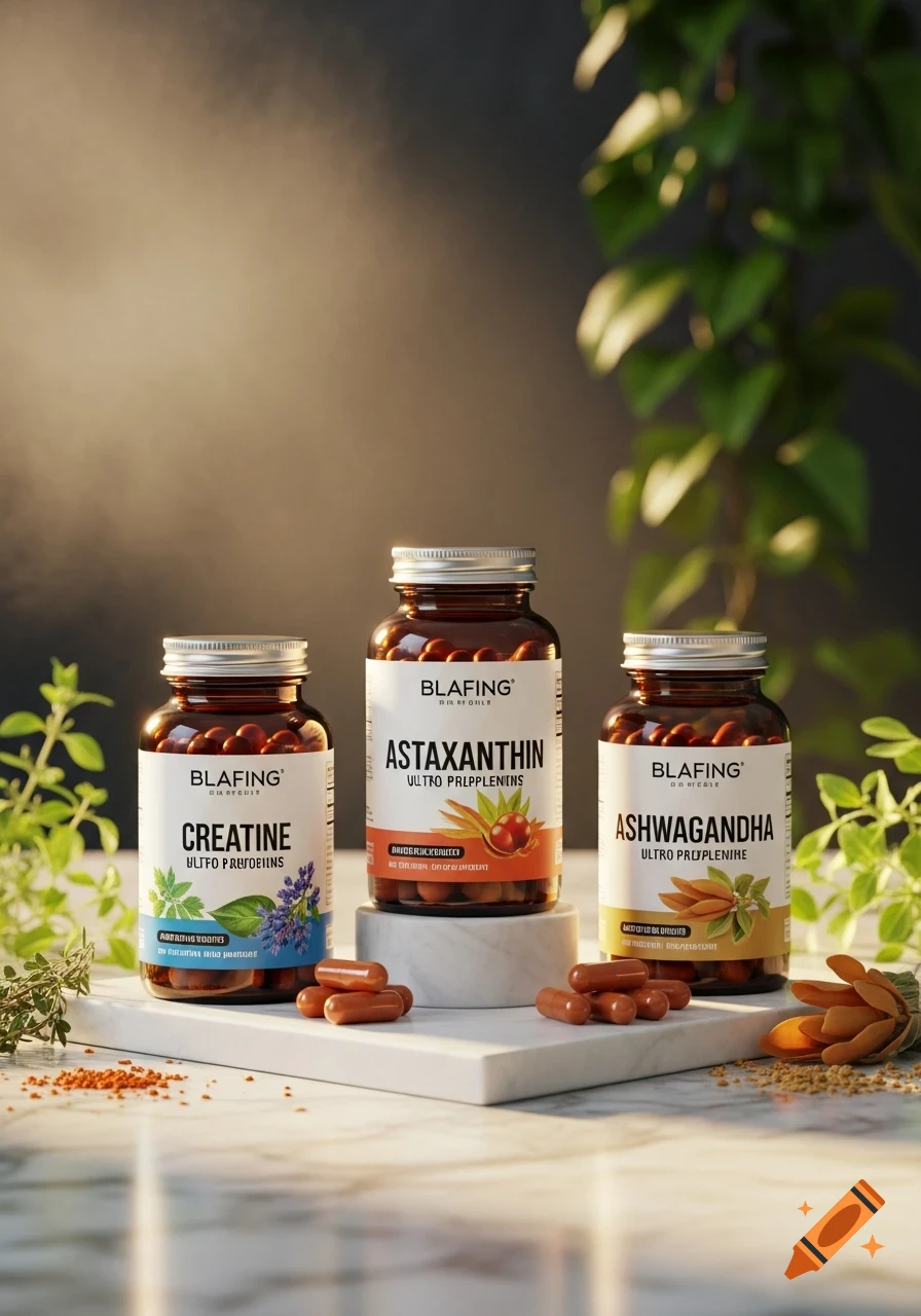 Three brown glass supplement bottles labeled Creatine, Astaxanthin, and Ashwagandha on a white marble surface with loose capsules and green plants in a photorealistic style.
