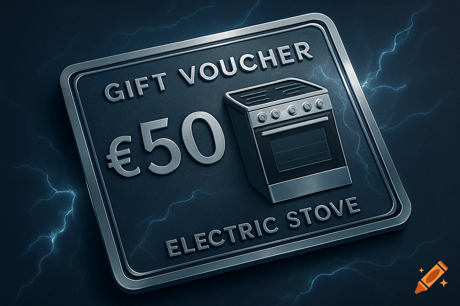 Metallic gift voucher for \u20ac50 featuring an electric stove against a dark background with blue lightning.