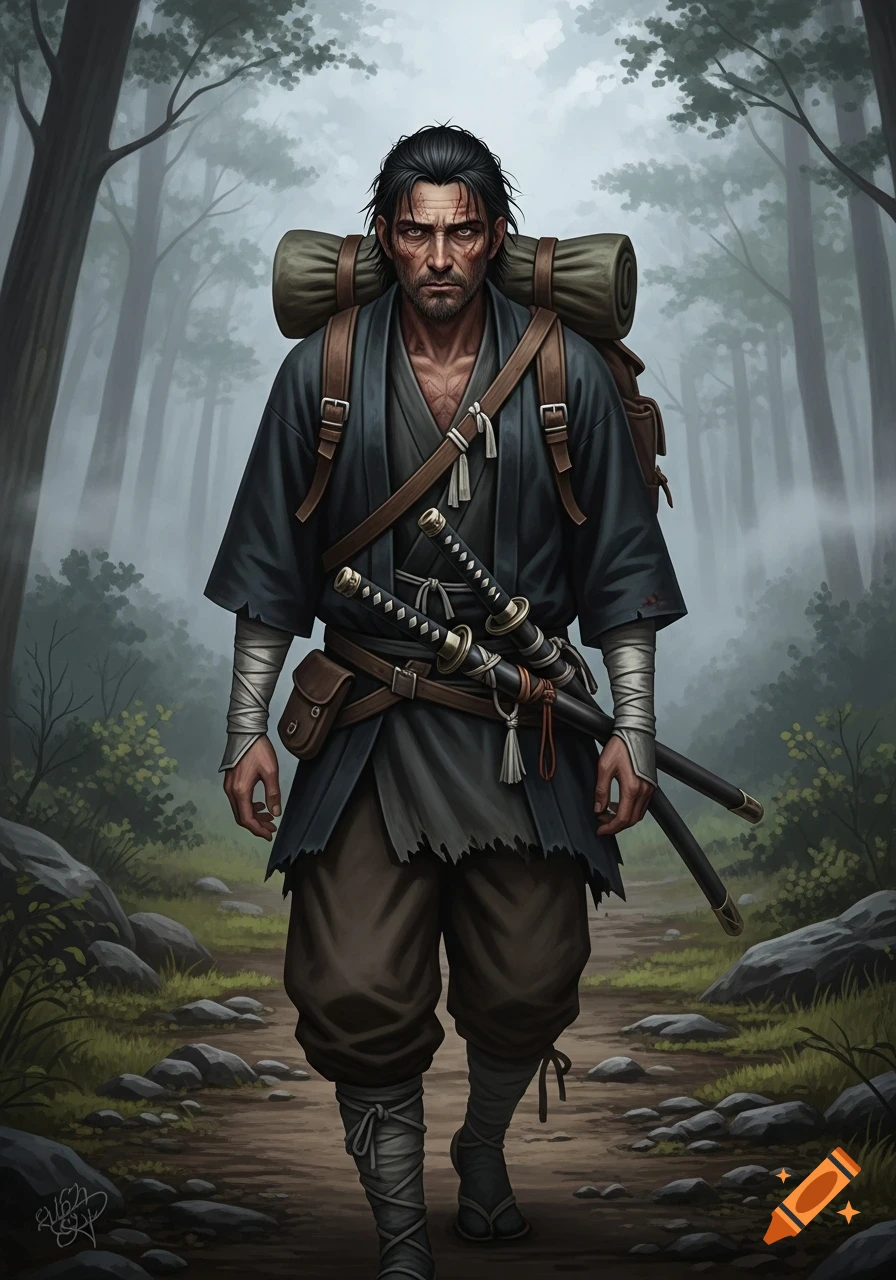 A gaunt, bearded samurai-like vagabond with a backpack and two swords walks a misty forest path, in a detailed digital art style.