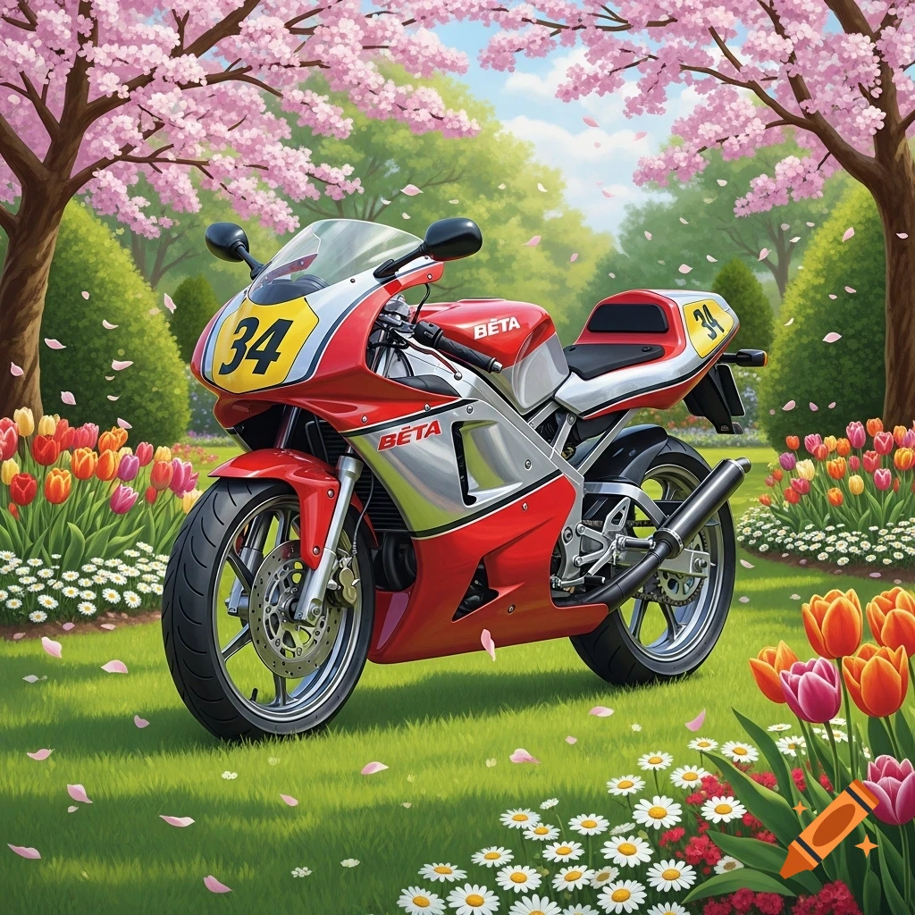 A red and silver sport motorcycle, number 34, in a vibrant spring garden with cherry blossoms, tulips, and daisies.
