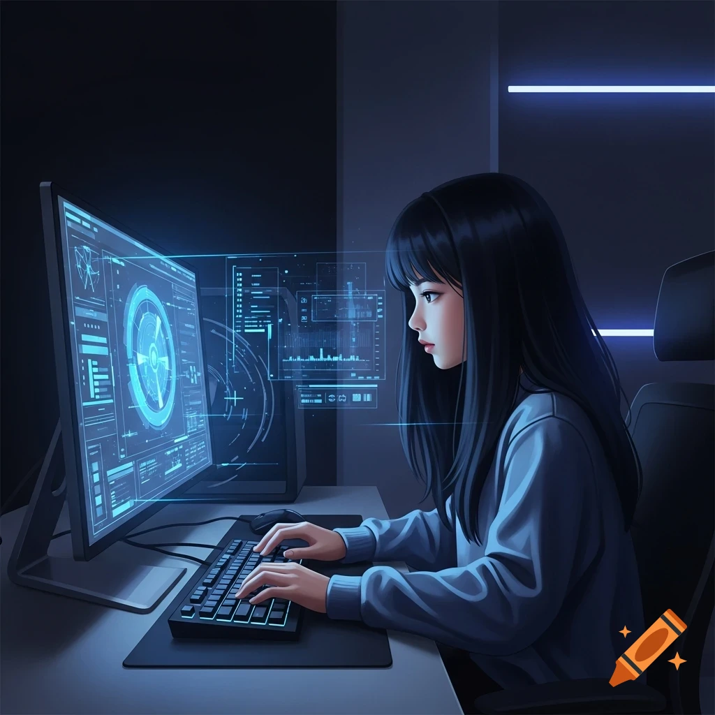 Anime-style girl with black hair working intently at a glowing computer screen in a dark room.