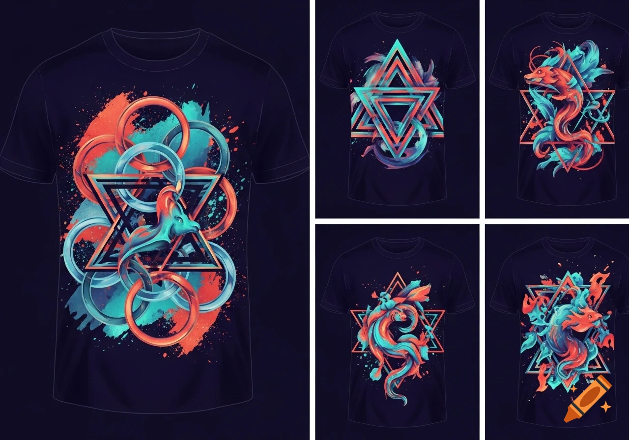 Dark t-shirts displaying vibrant, stylized designs with abstract creatures, geometric triangles and rings, and paint splatter effects in orange and teal.