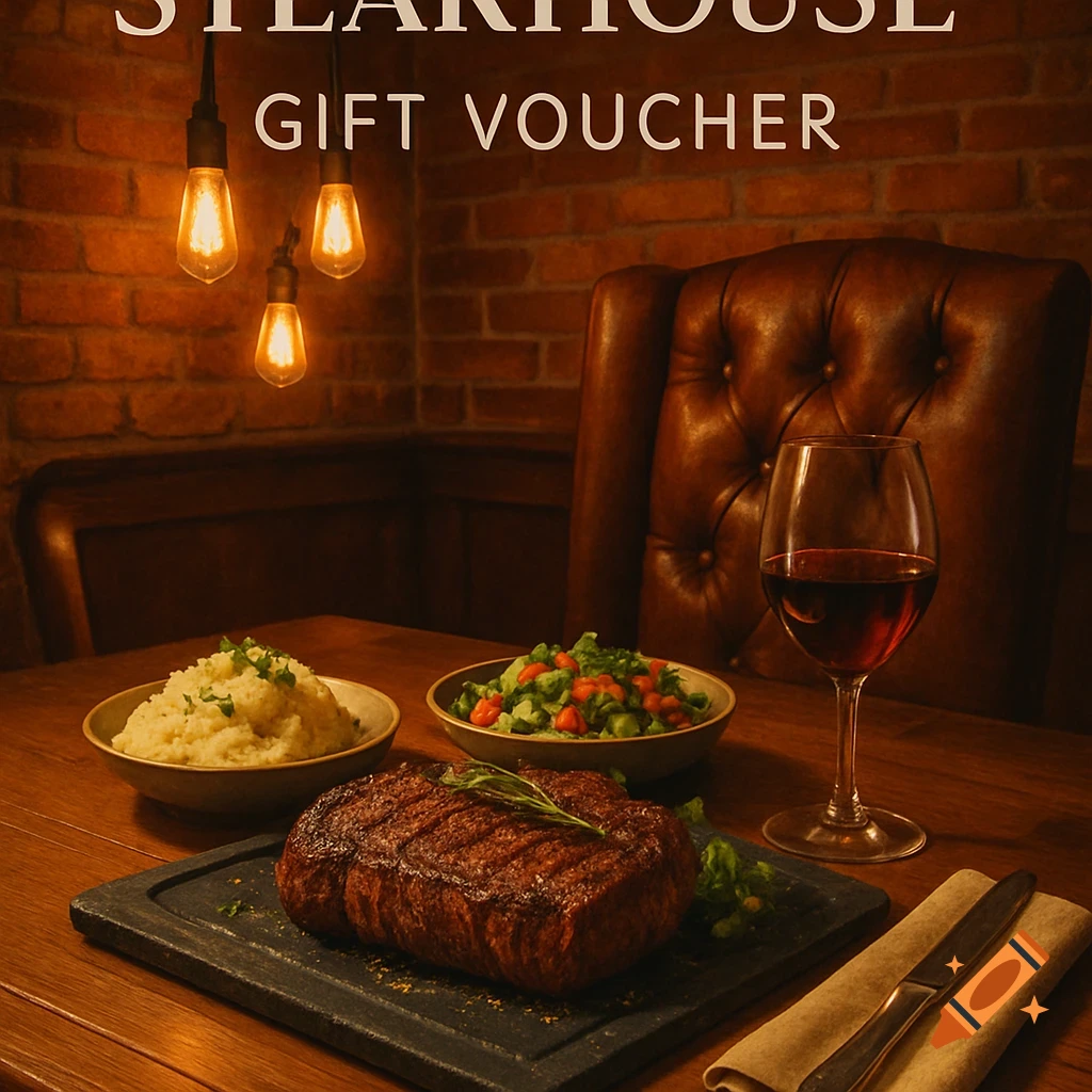 Steak dinner with wine, mashed potatoes, and salad on a table. Text: 'STEAKHOUSE GIFT VOUCHER'.