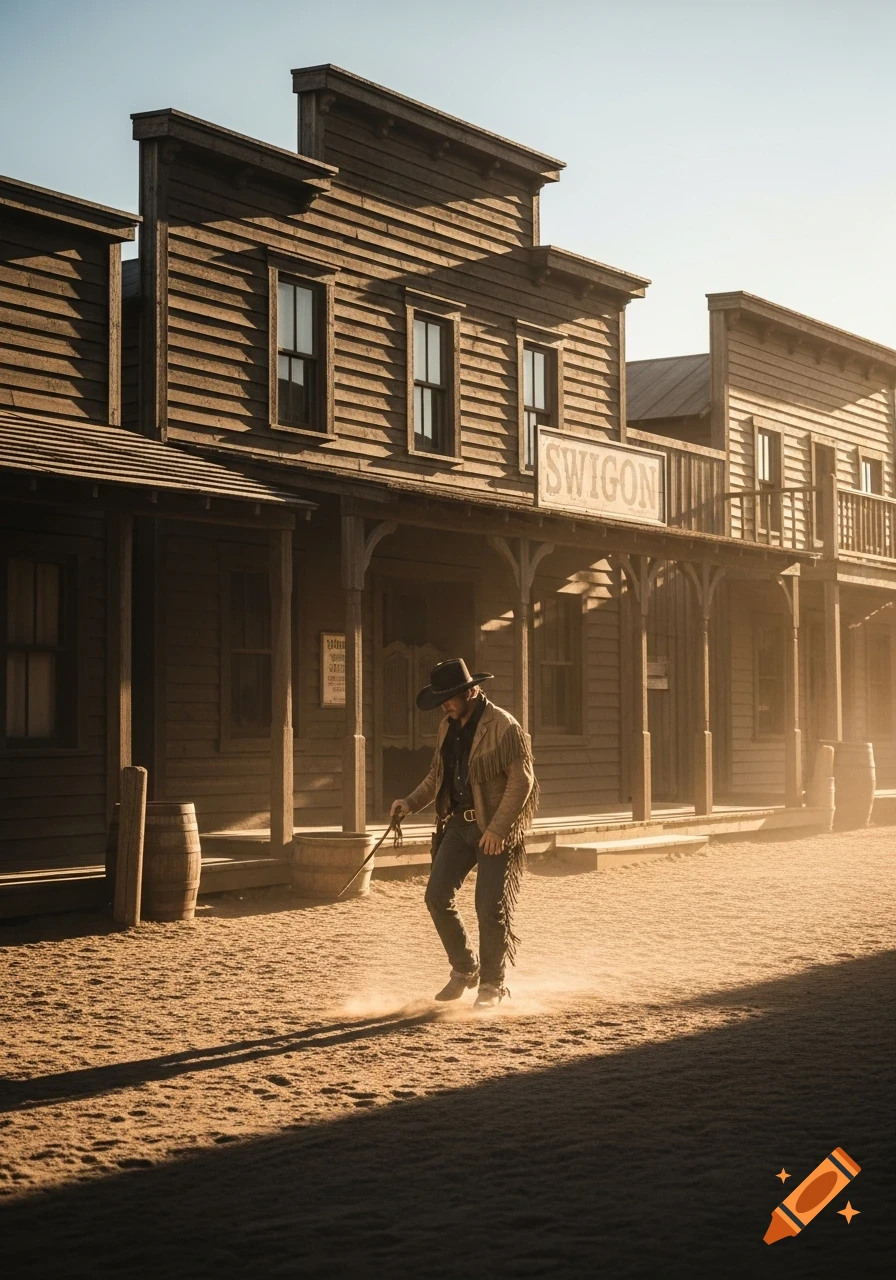 A cowboy in a fringed jacket and hat walks on a dusty street in a Western town, past wooden buildings and a saloon.
