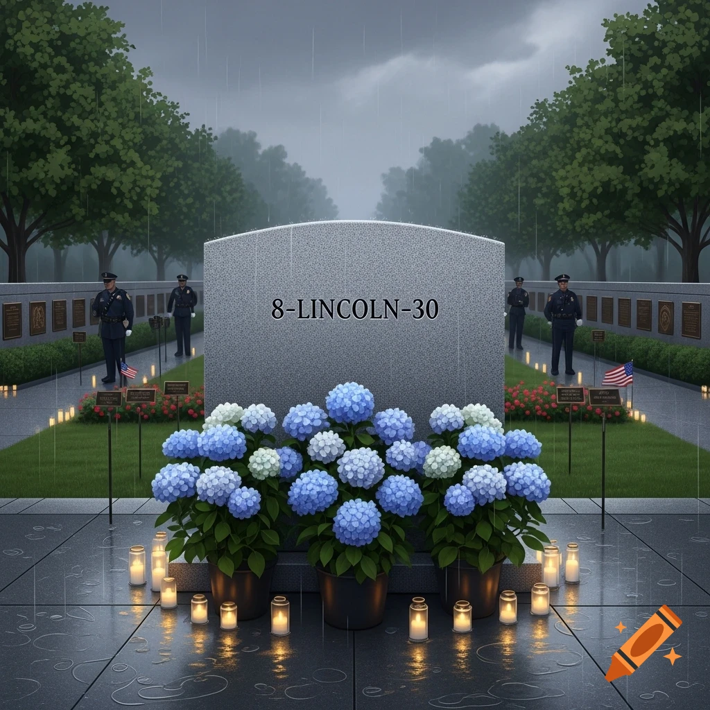 A solemn police memorial features a gray stone with "8-LINCOLN-30", blue hydrangeas, and candles on wet pavement in the rain, with officers in the background.