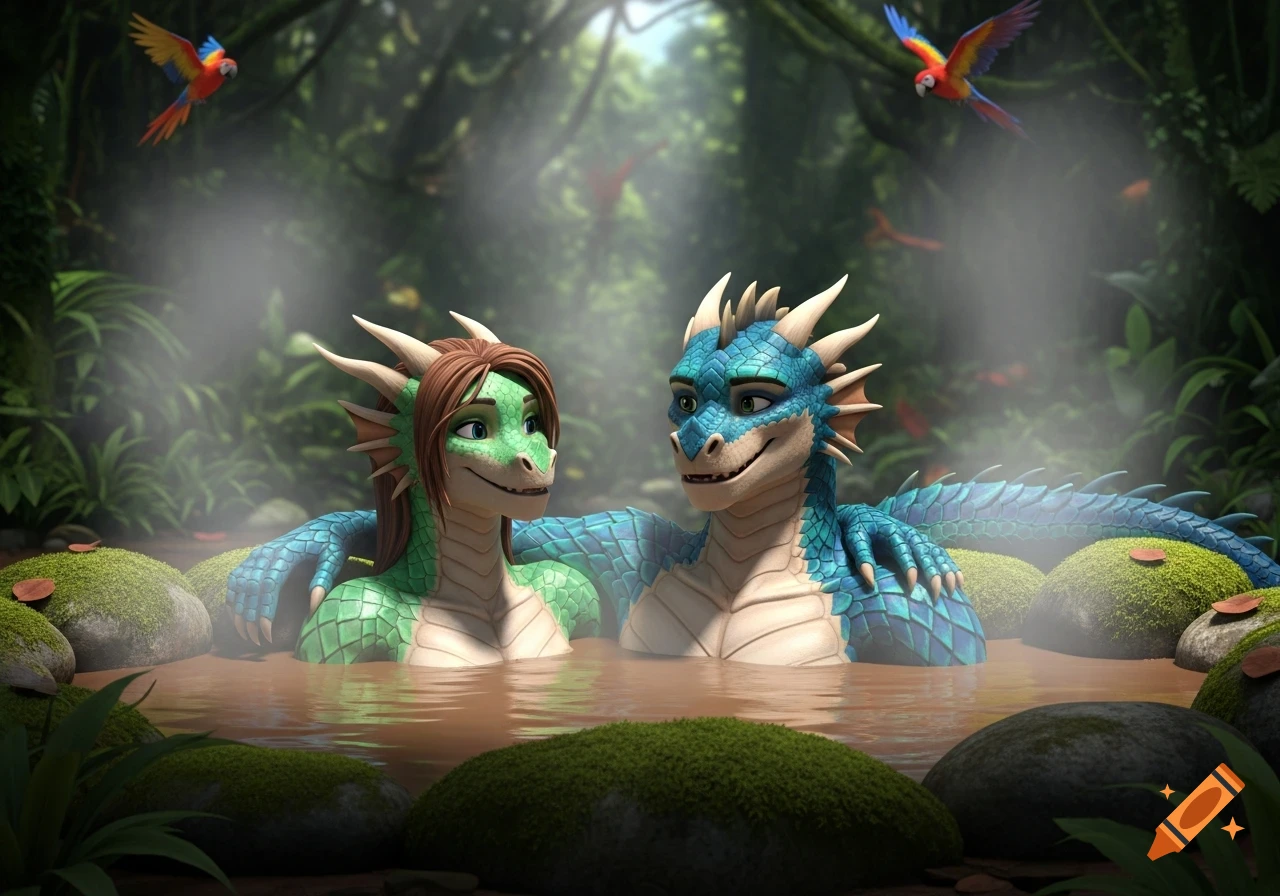 A green and blue anthropomorphic dragon couple relax in a muddy hot tub in a lush jungle, with macaws flying above, 3D animation.