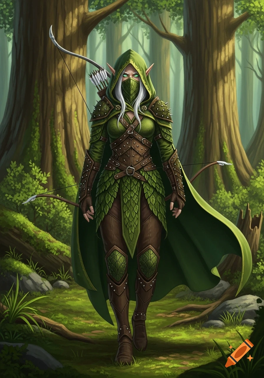 A female wood elf ranger in a green hooded cloak and leaf-patterned studded leather armor stands with a bow and quiver in a lush forest.