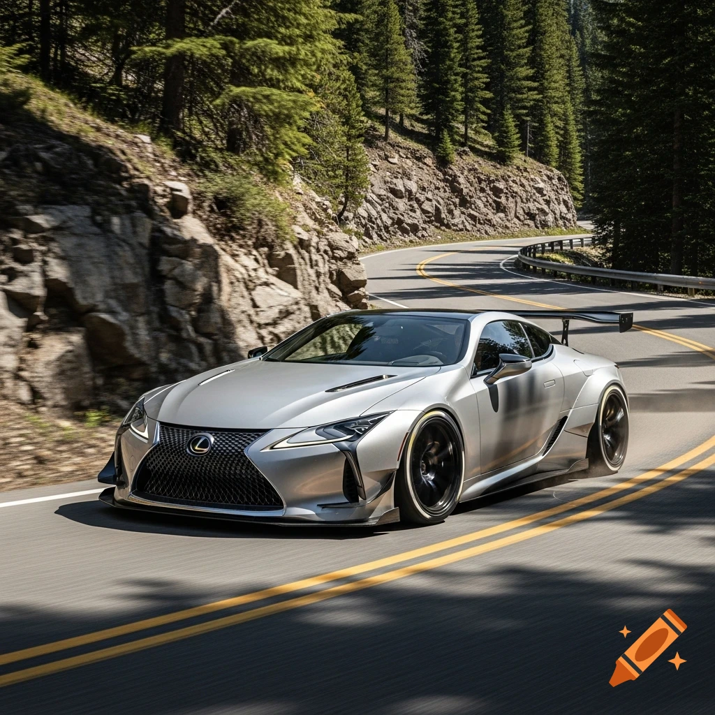 A silver Lexus LC500 sports car with a wide body kit drives on a winding mountain road lined with pine trees.
