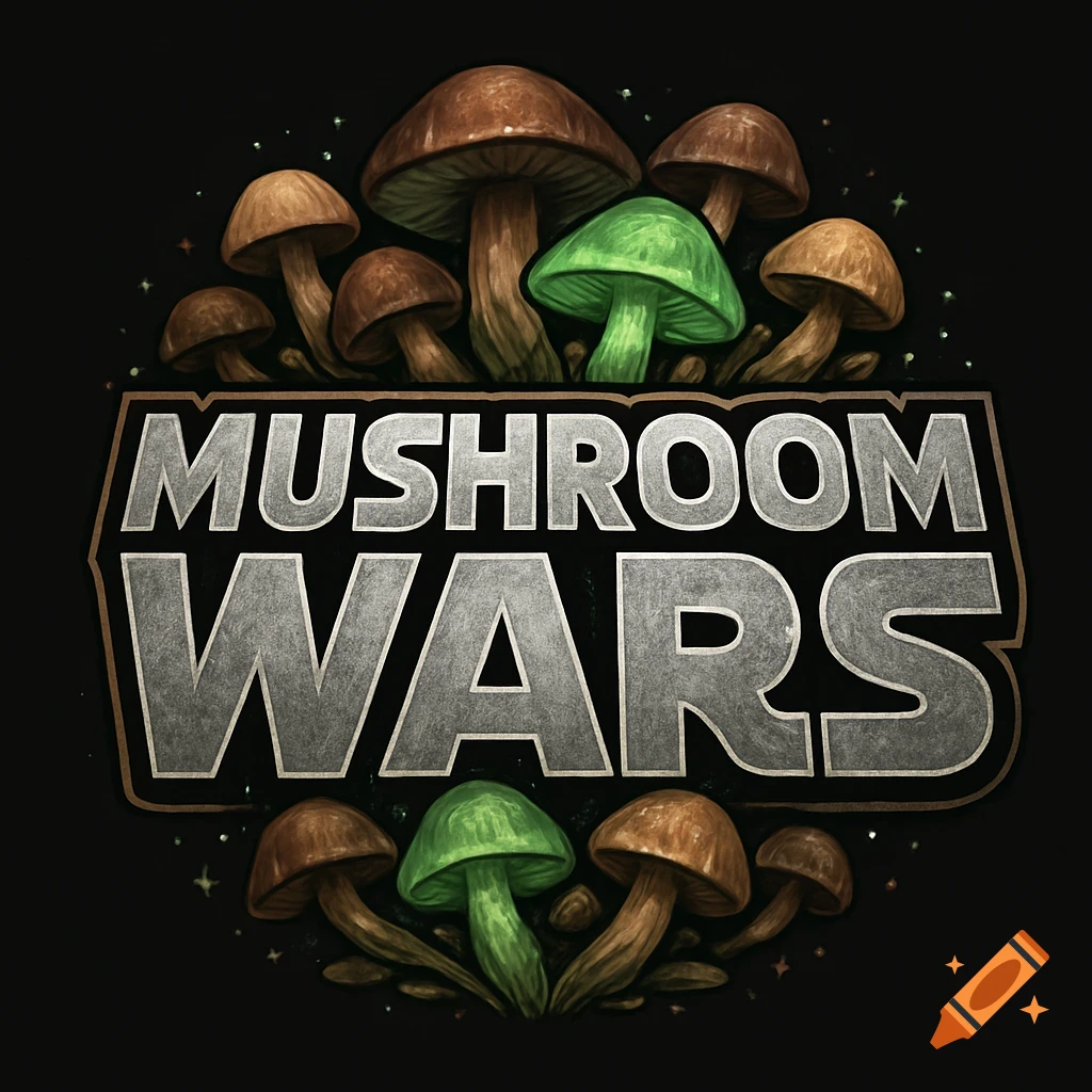 A stylized logo with brown and green mushrooms surrounding the bold text "MUSHROOM WARS" on a dark background.