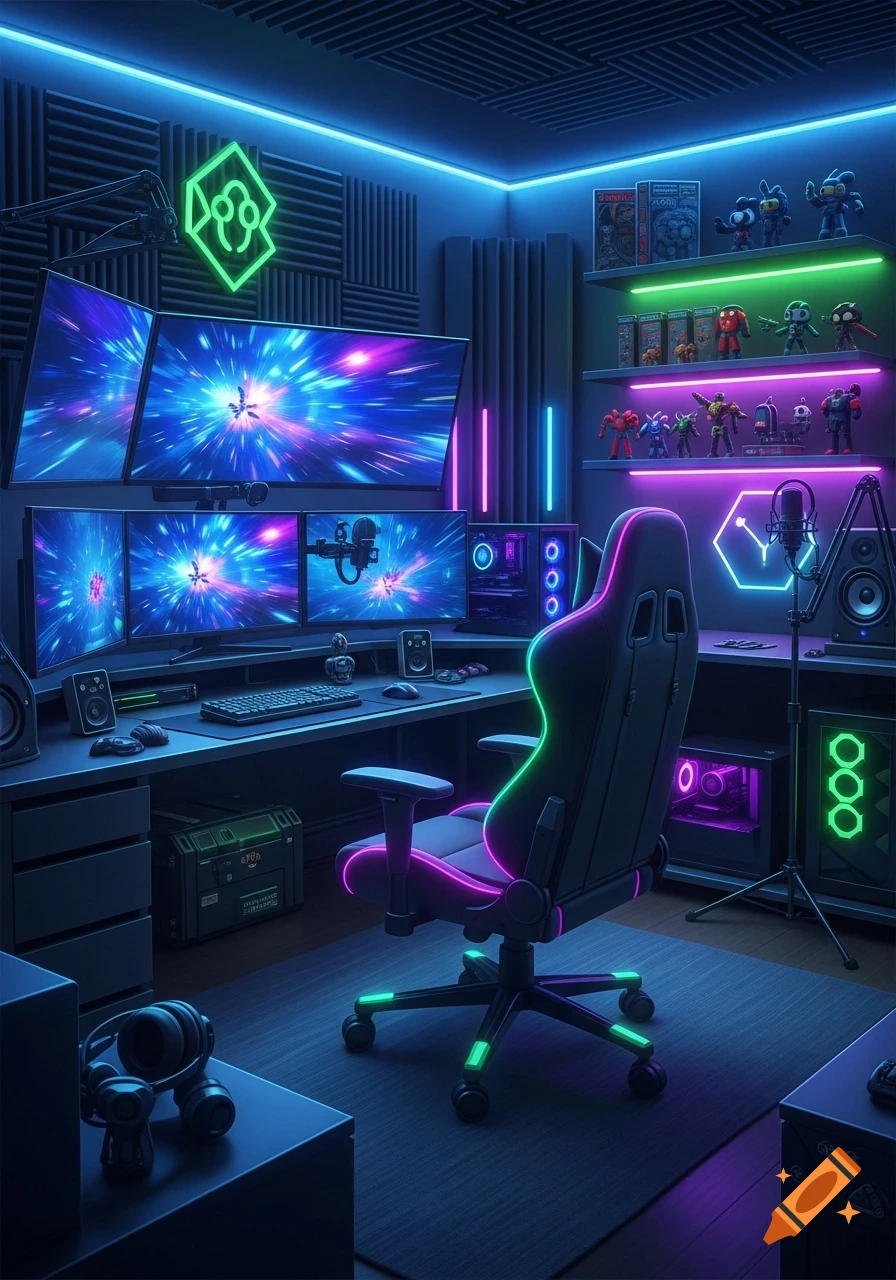 A vibrant neon-lit gaming room with multiple screens, a gaming chair, and shelves displaying collectible figures.