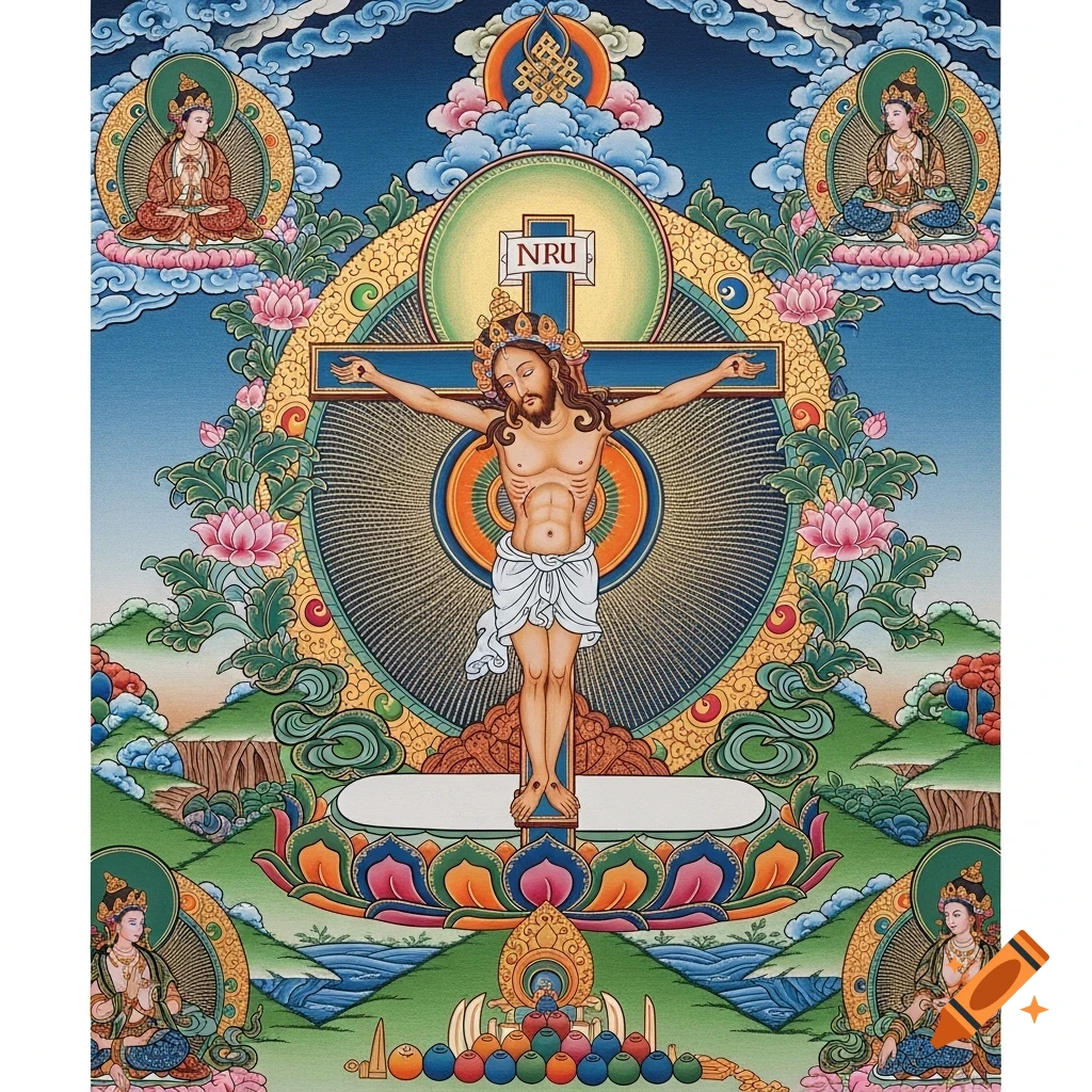 Crucifixion of Jesus in a vibrant Tibetan Thangka style, surrounded by lotus flowers and meditative figures.