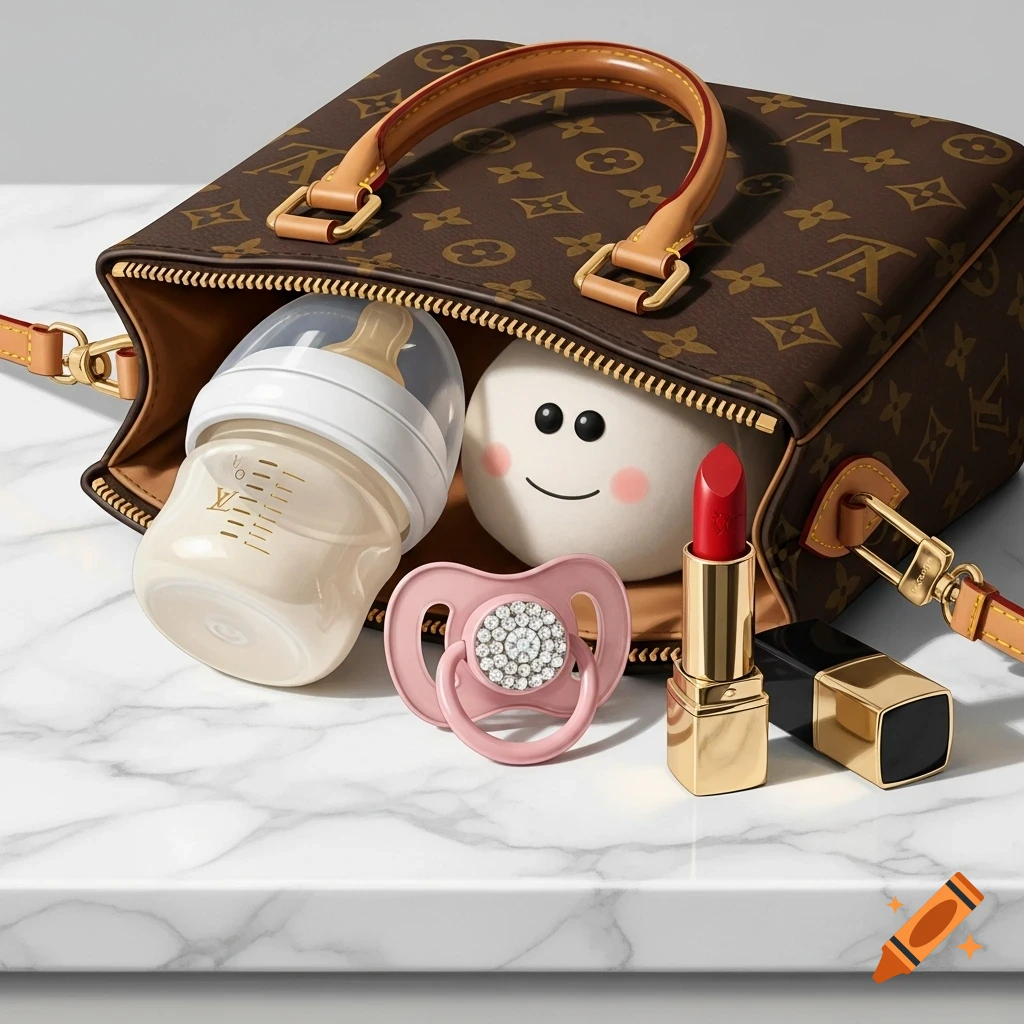 A Louis Vuitton handbag open on a marble surface, revealing a baby bottle, a pink pacifier, a smiling white plush toy, and a red lipstick.