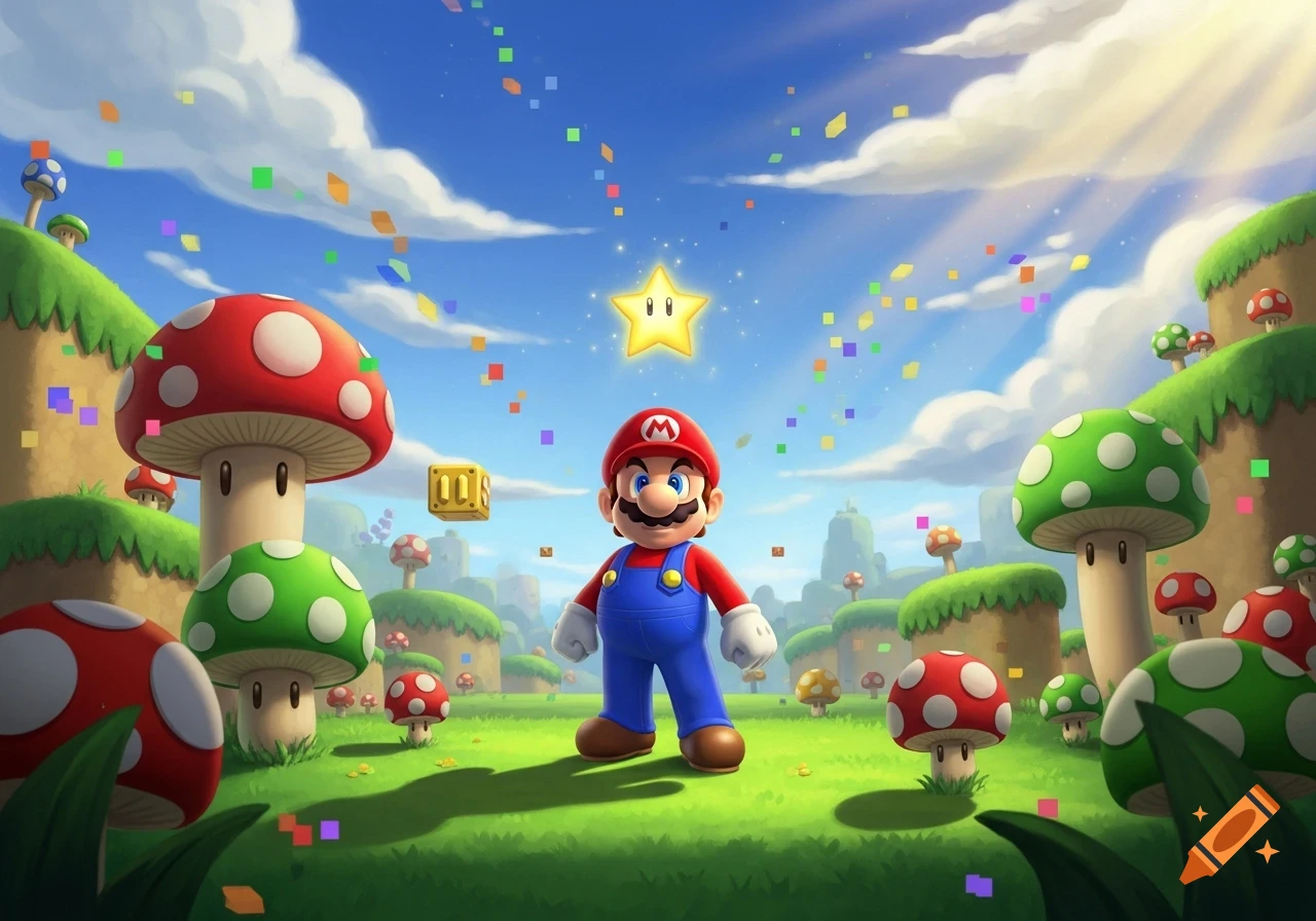 Mario stands in a vibrant, cartoonish mushroom kingdom with floating blocks, red and green mushrooms, and confetti, under a bright blue sky with a glowing star.