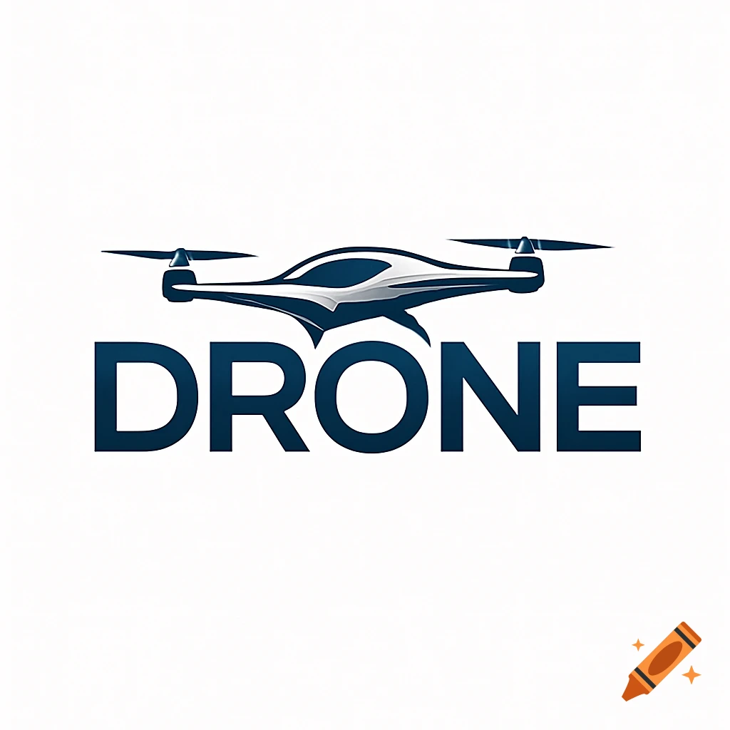 A sleek, modern drone logo in blue and white, with the word DRONE in bold capital letters.