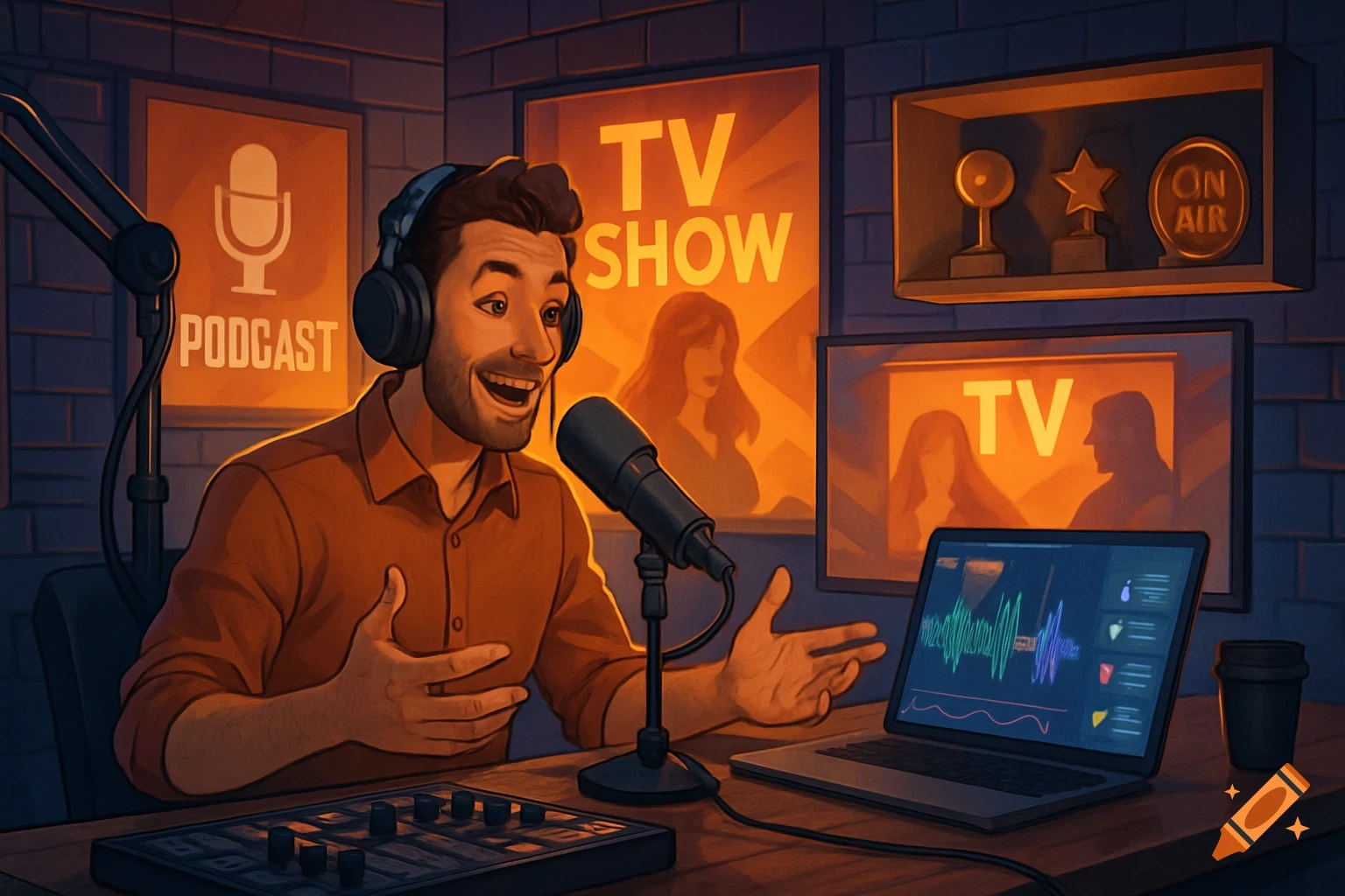 An illustrated man with headphones speaks into a microphone in a podcast studio with a laptop and 'Podcast' and 'TV Show' posters.