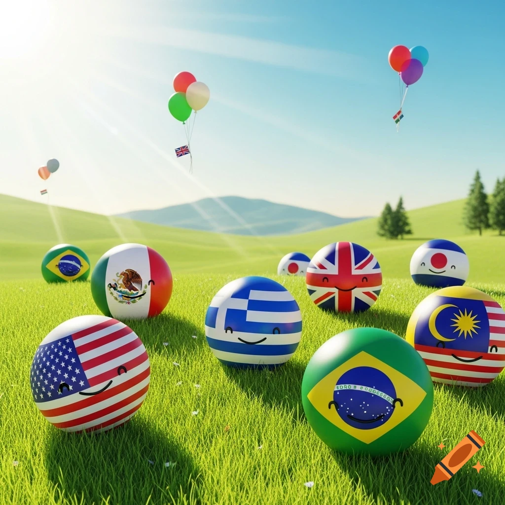 Cartoon country flag balls with smiling faces on a sunny green field with balloons in the sky.