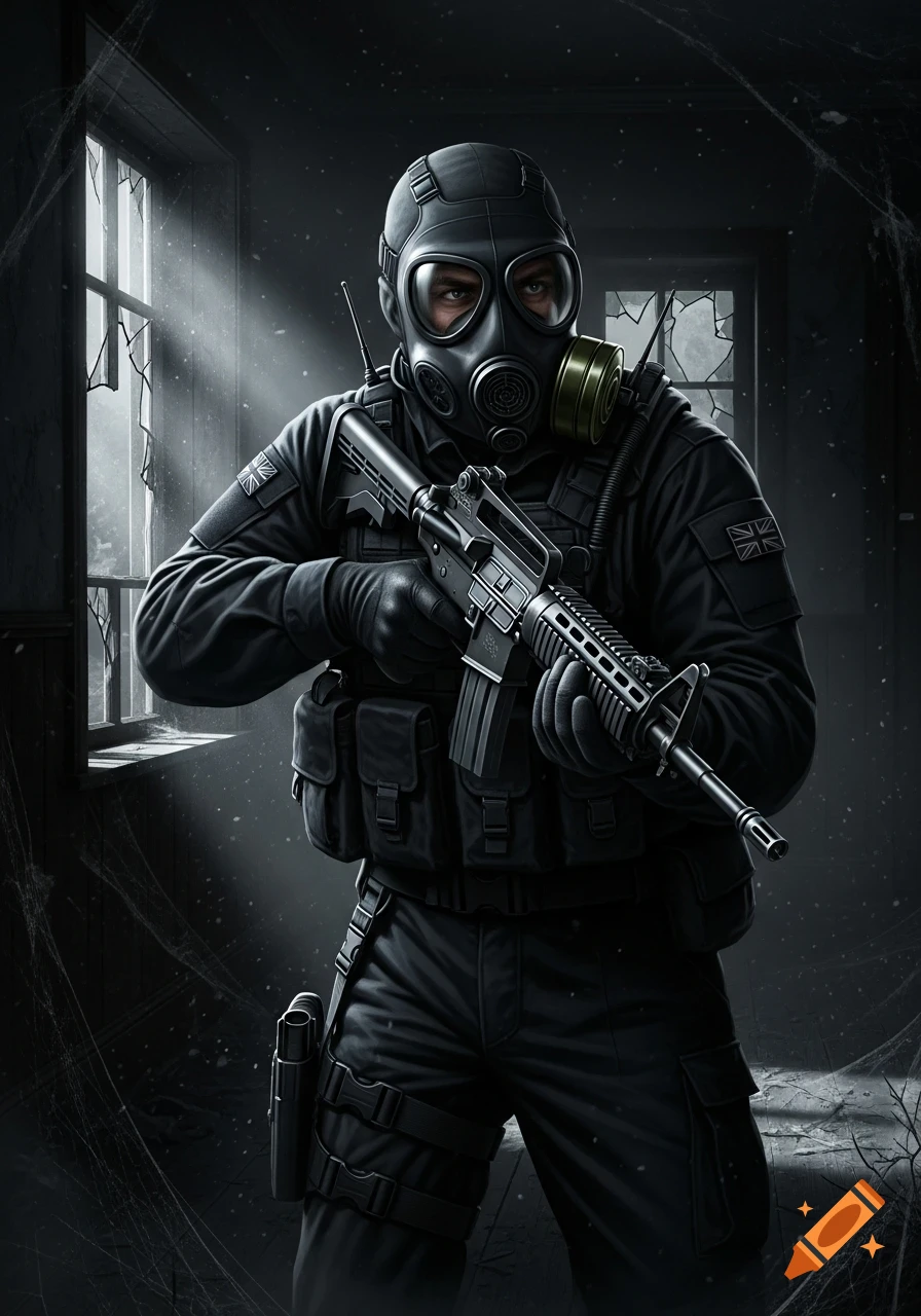 An SAS soldier in a gas mask and tactical gear holds a rifle in a dark, dilapidated room with broken windows. Photorealistic style.
