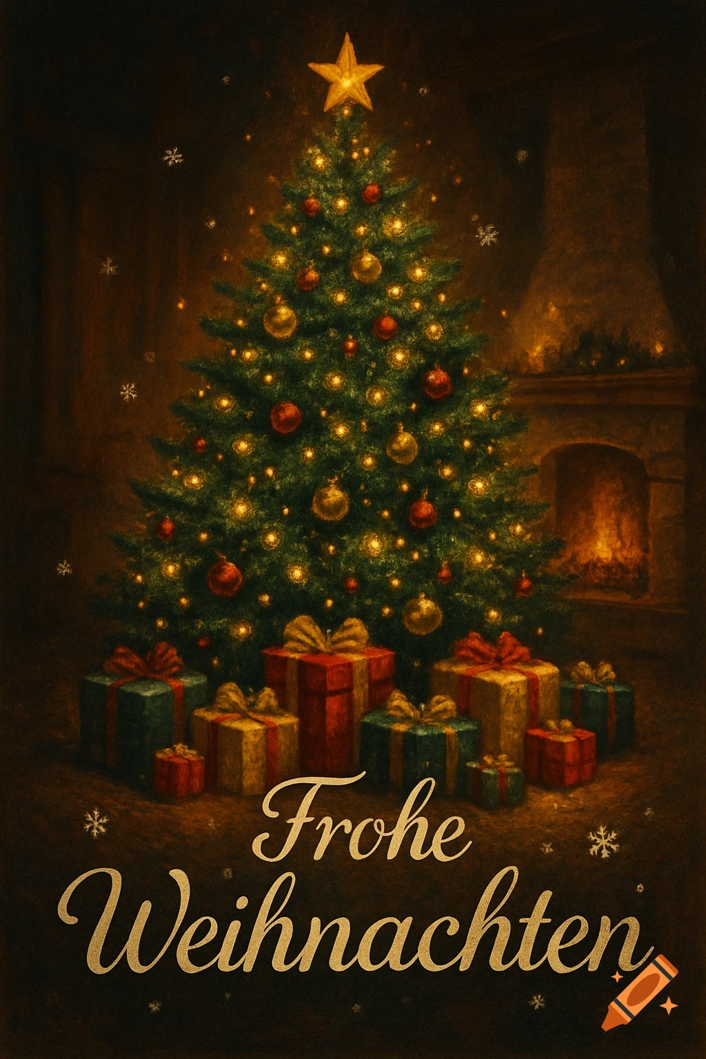 A decorated Christmas tree with a star on top, surrounded by wrapped presents, in a dimly lit room with a fireplace. Text reads 'Frohe Weihnachten'.